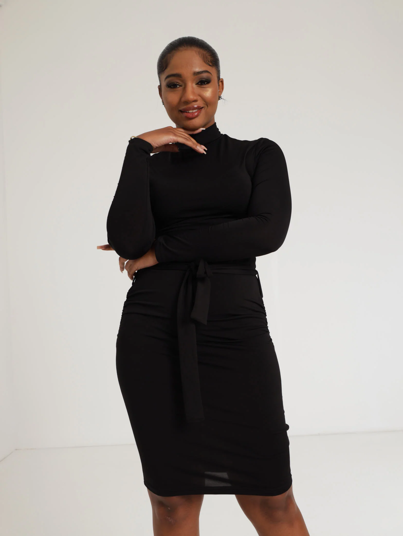 Long Sleeve Belted Slinky Dress With Side Ruching - Black - Image 2