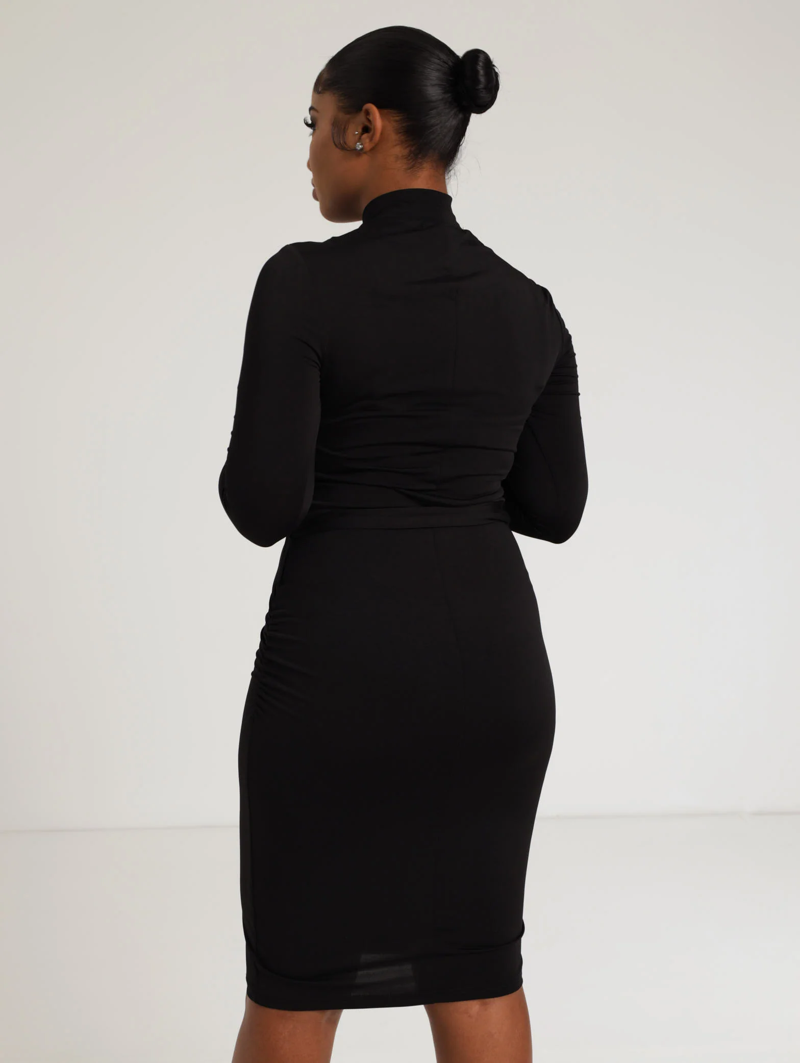 Long Sleeve Belted Slinky Dress With Side Ruching - Black - Image 3