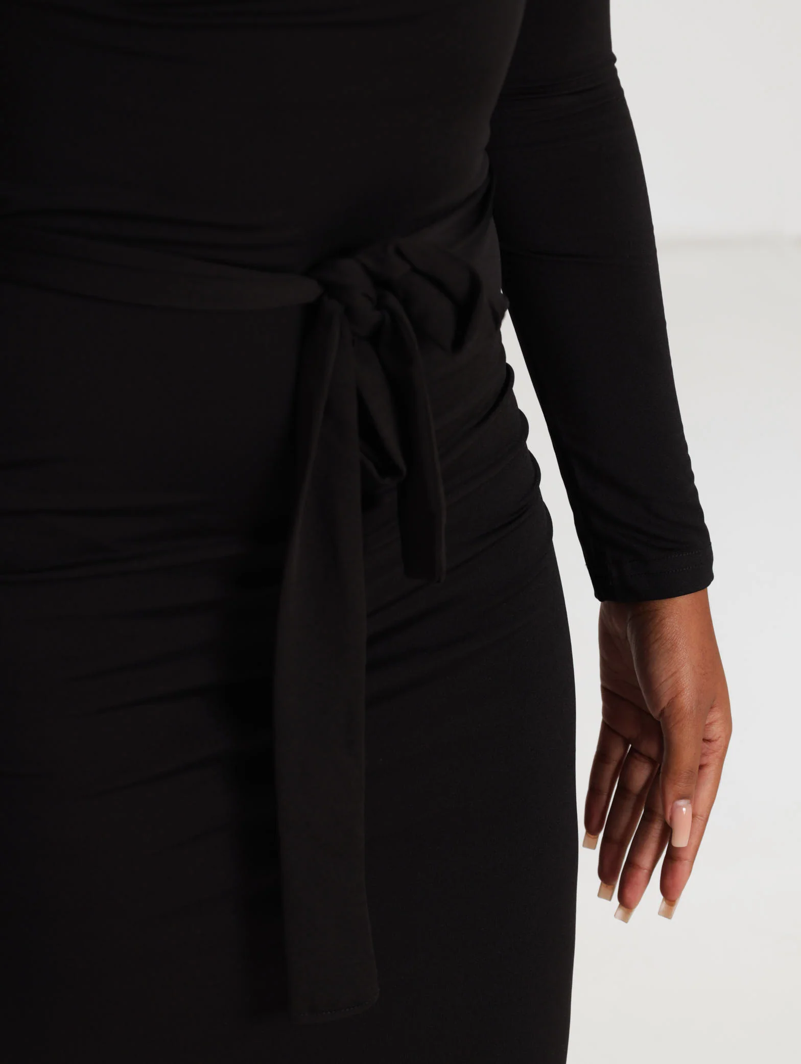 Long Sleeve Belted Slinky Dress With Side Ruching - Black - Image 4