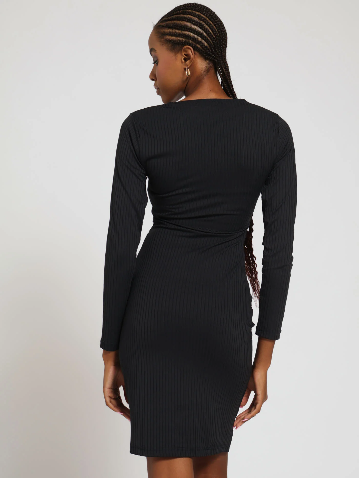 Long Sleeve Belted Trim Short Bodycon Dress - Black - Image 3