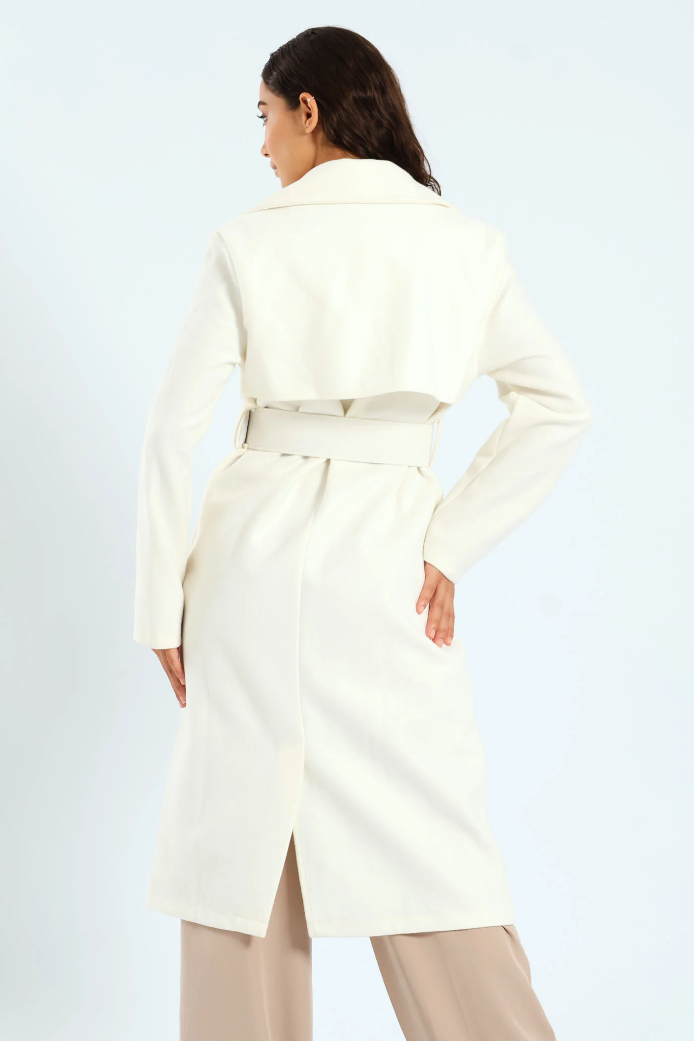 Long Sleeve Belted Unlined Melton Coat - Cream - Image 2