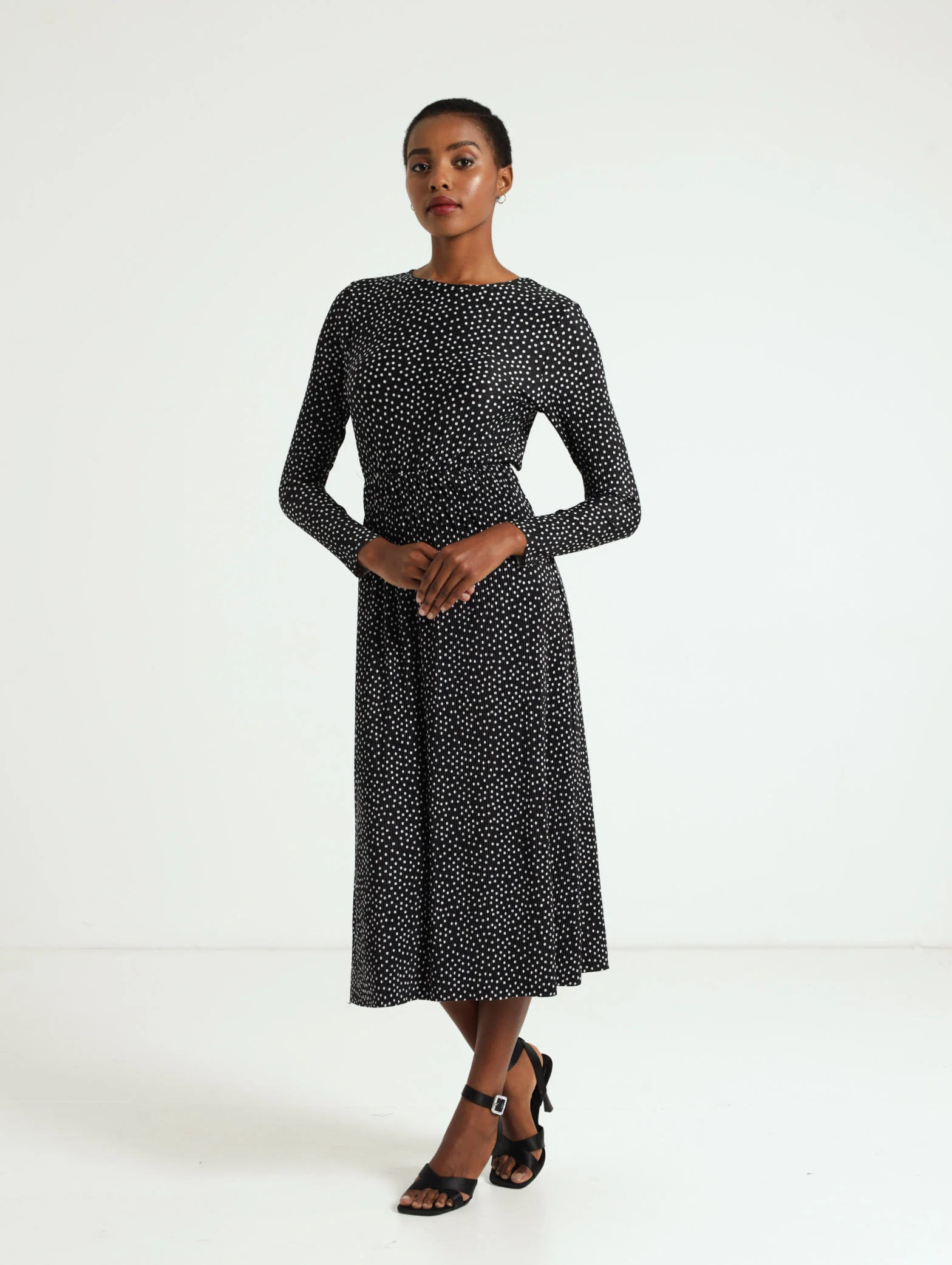 Long Sleeve Bodre Elastic Waist Midi Dress