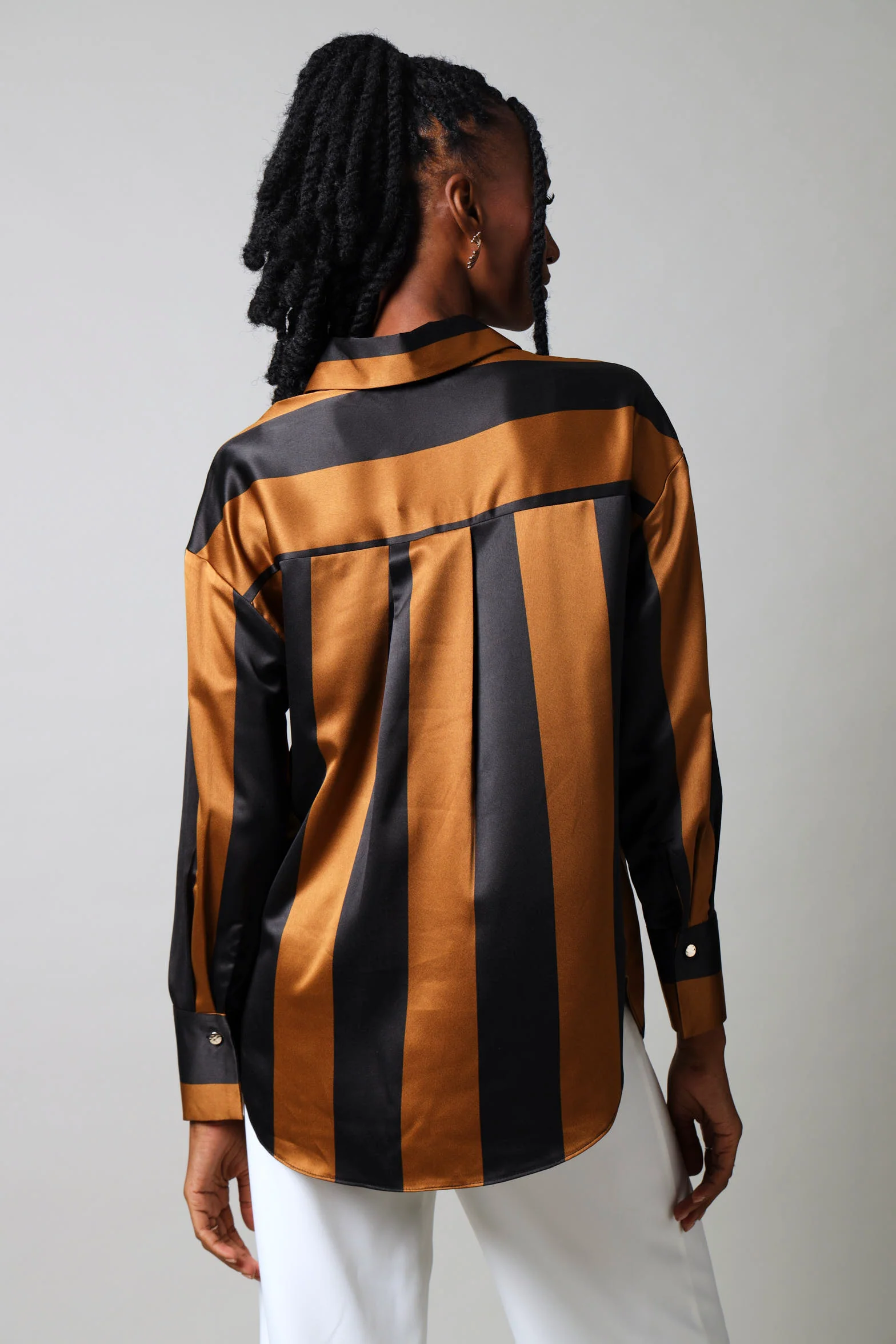 Long Sleeve Bold Stripe Satin Shirt - Black/Gold - Image 3