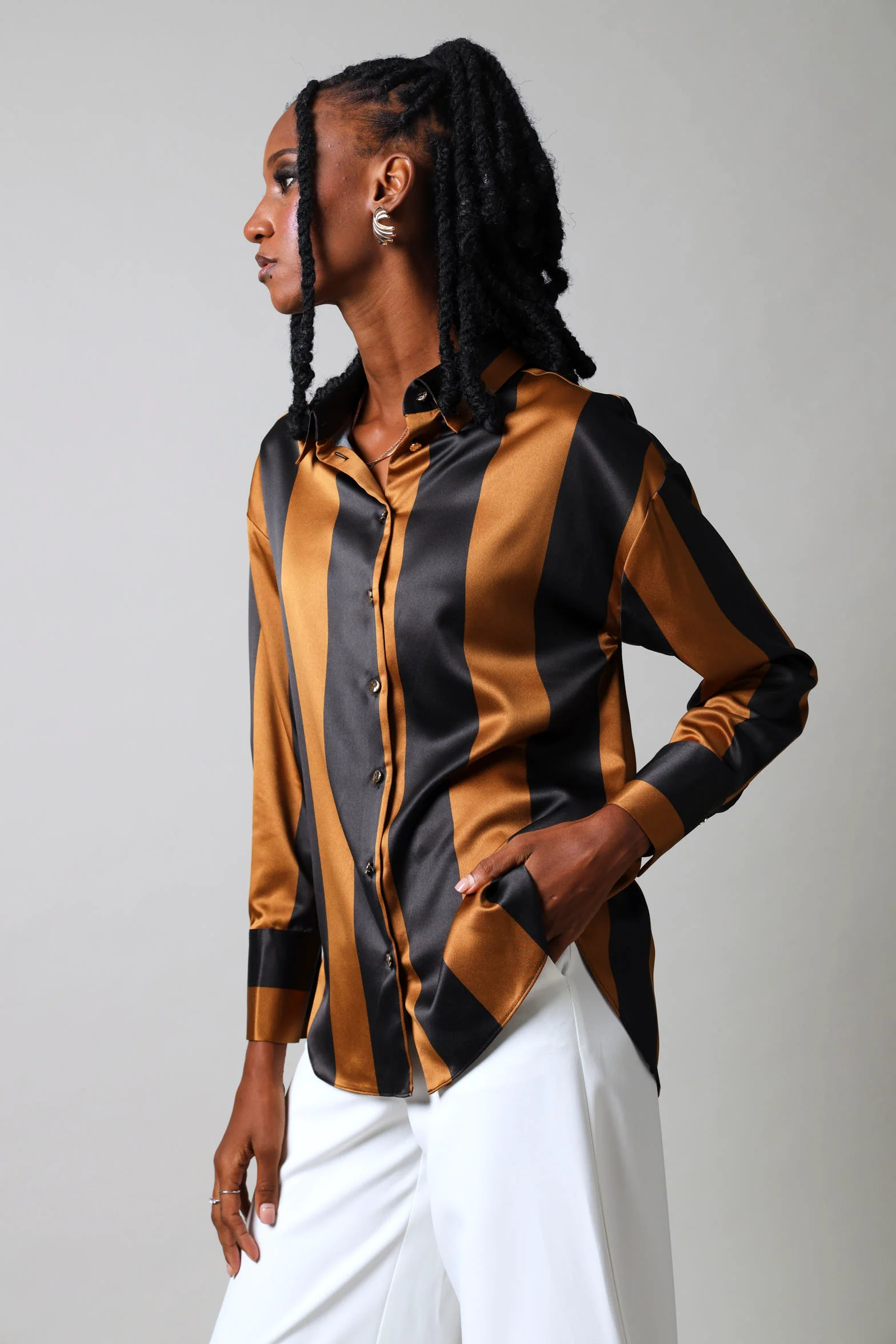 Long Sleeve Bold Stripe Satin Shirt - Black/Gold - Image 5