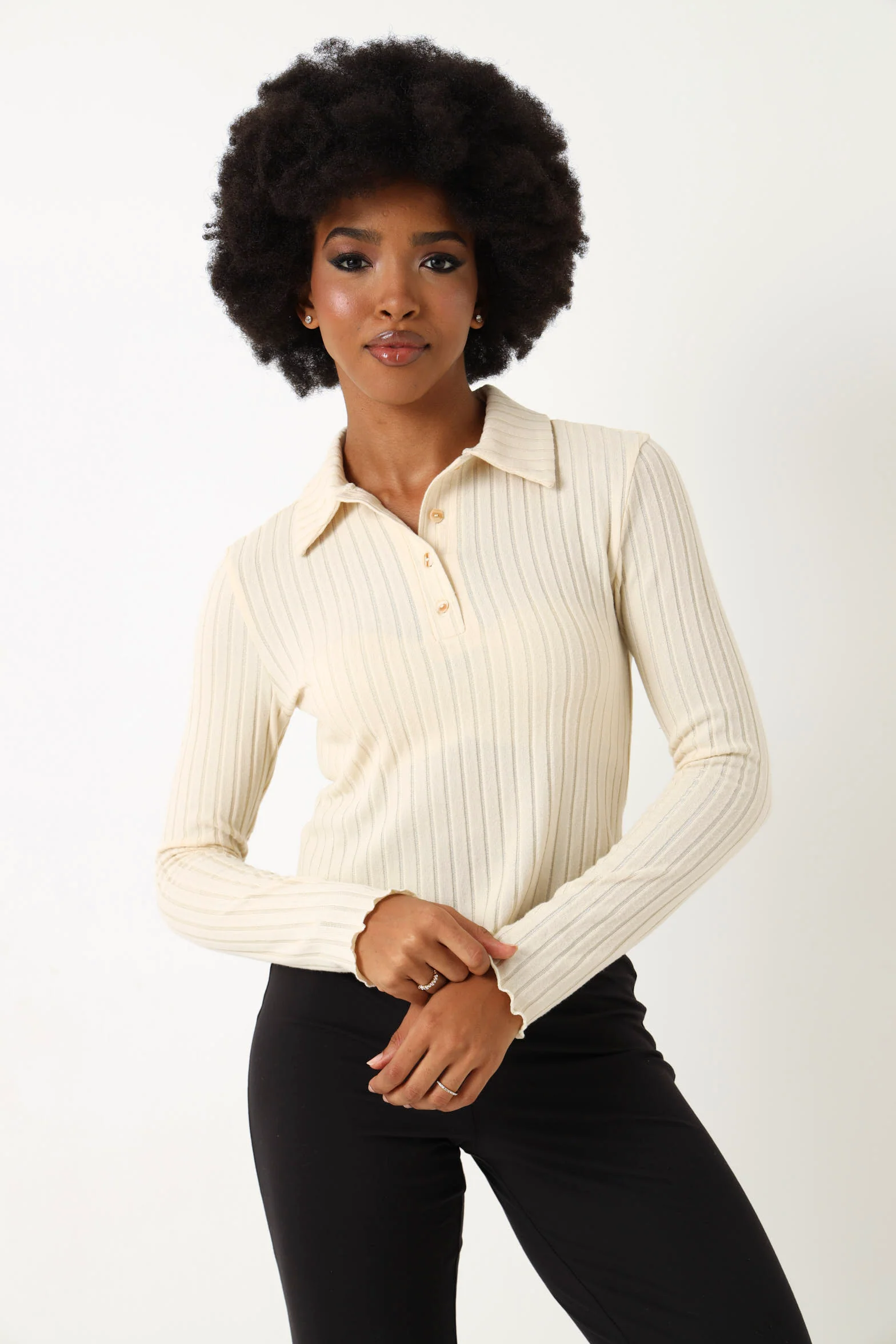 Long Sleeve Brushed Rib Golfer - Cream