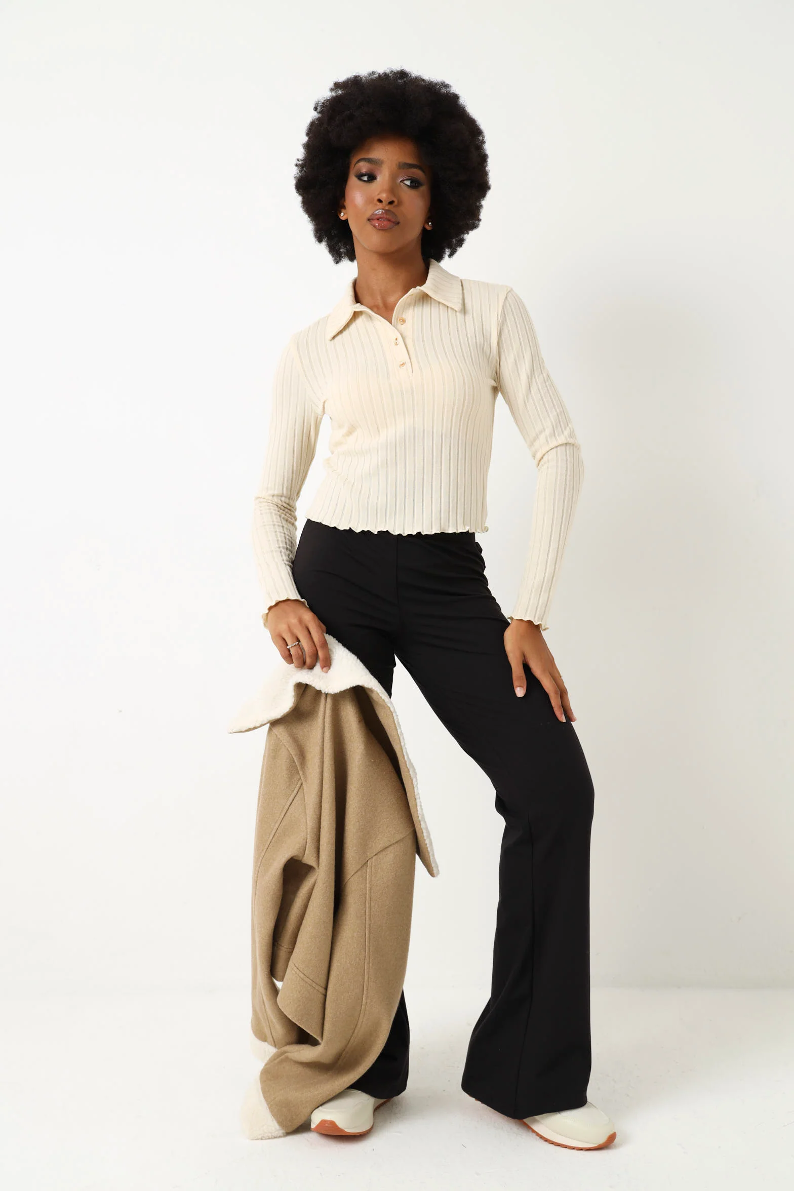 Long Sleeve Brushed Rib Golfer - Cream - Image 2