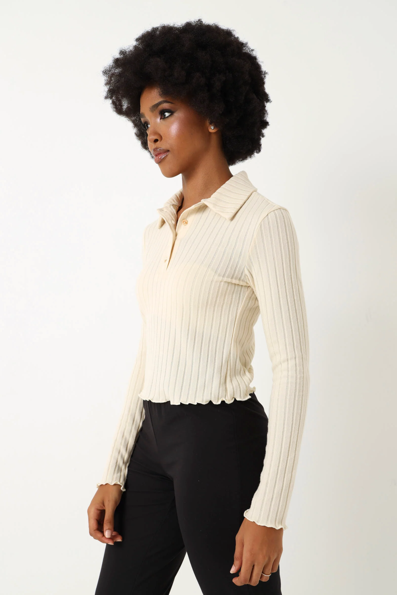 Long Sleeve Brushed Rib Golfer - Cream - Image 3