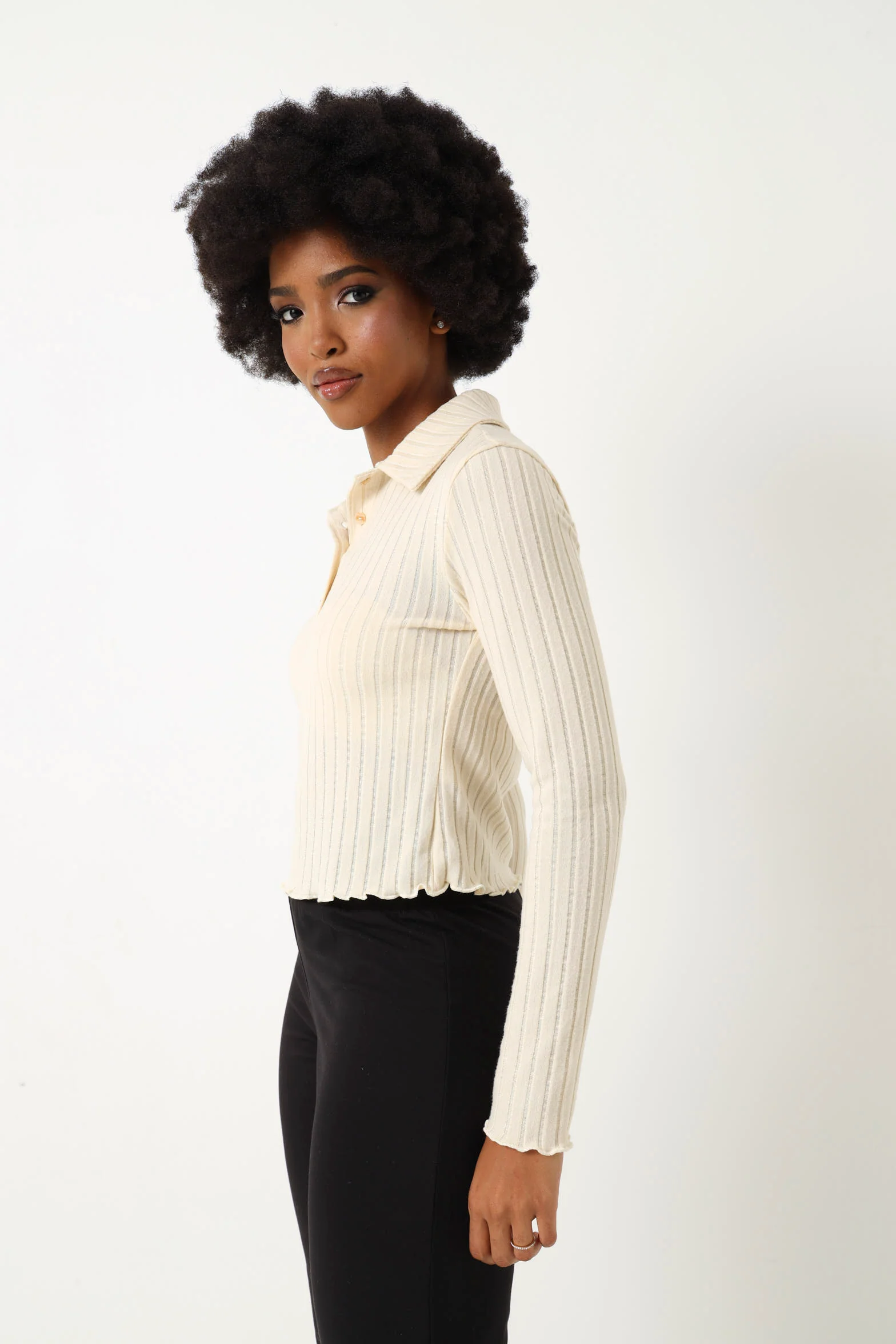 Long Sleeve Brushed Rib Golfer - Cream - Image 7