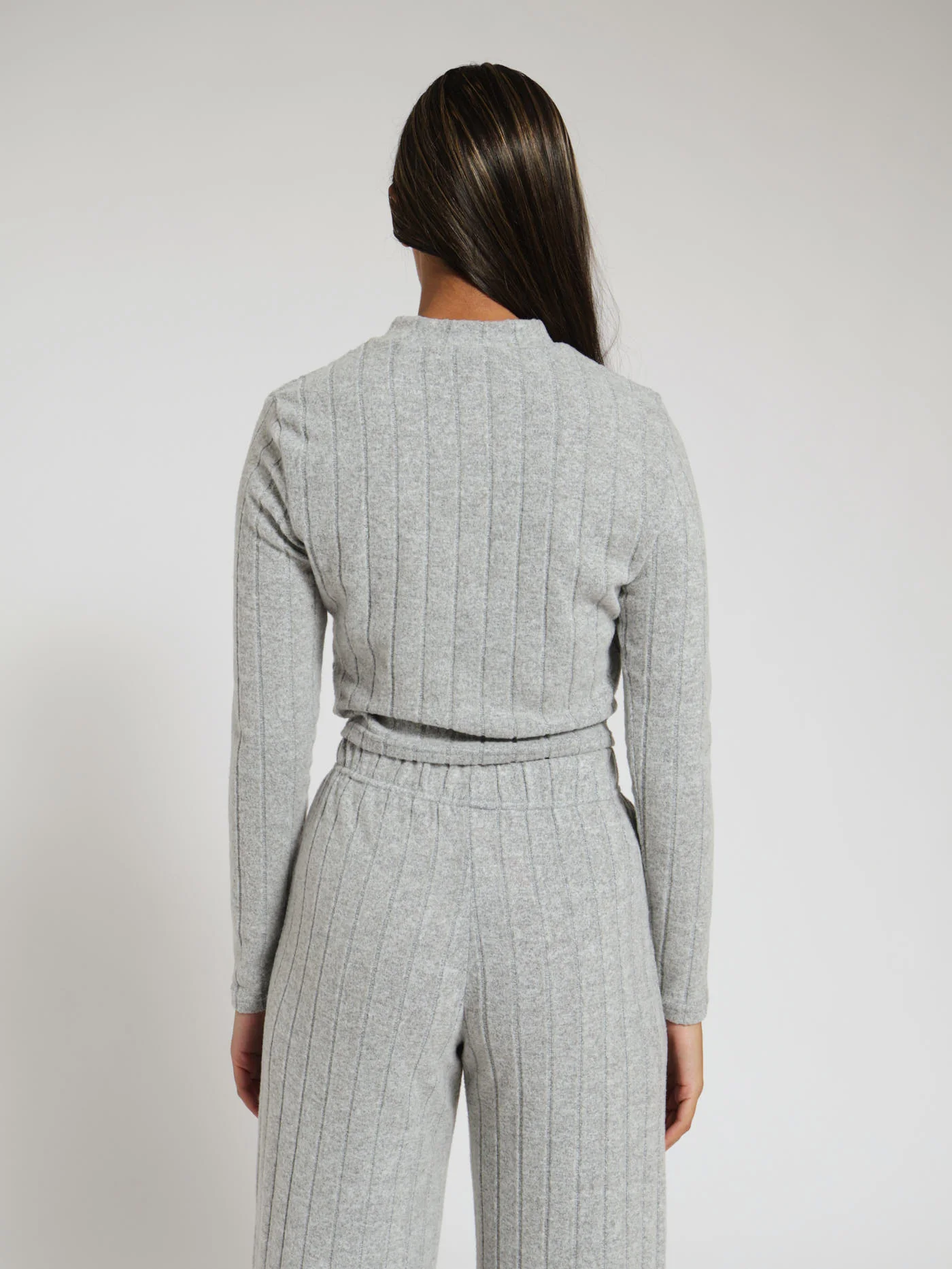 Long Sleeve Brushed Ribb Cross Hem Top - Grey Melange - Image 3