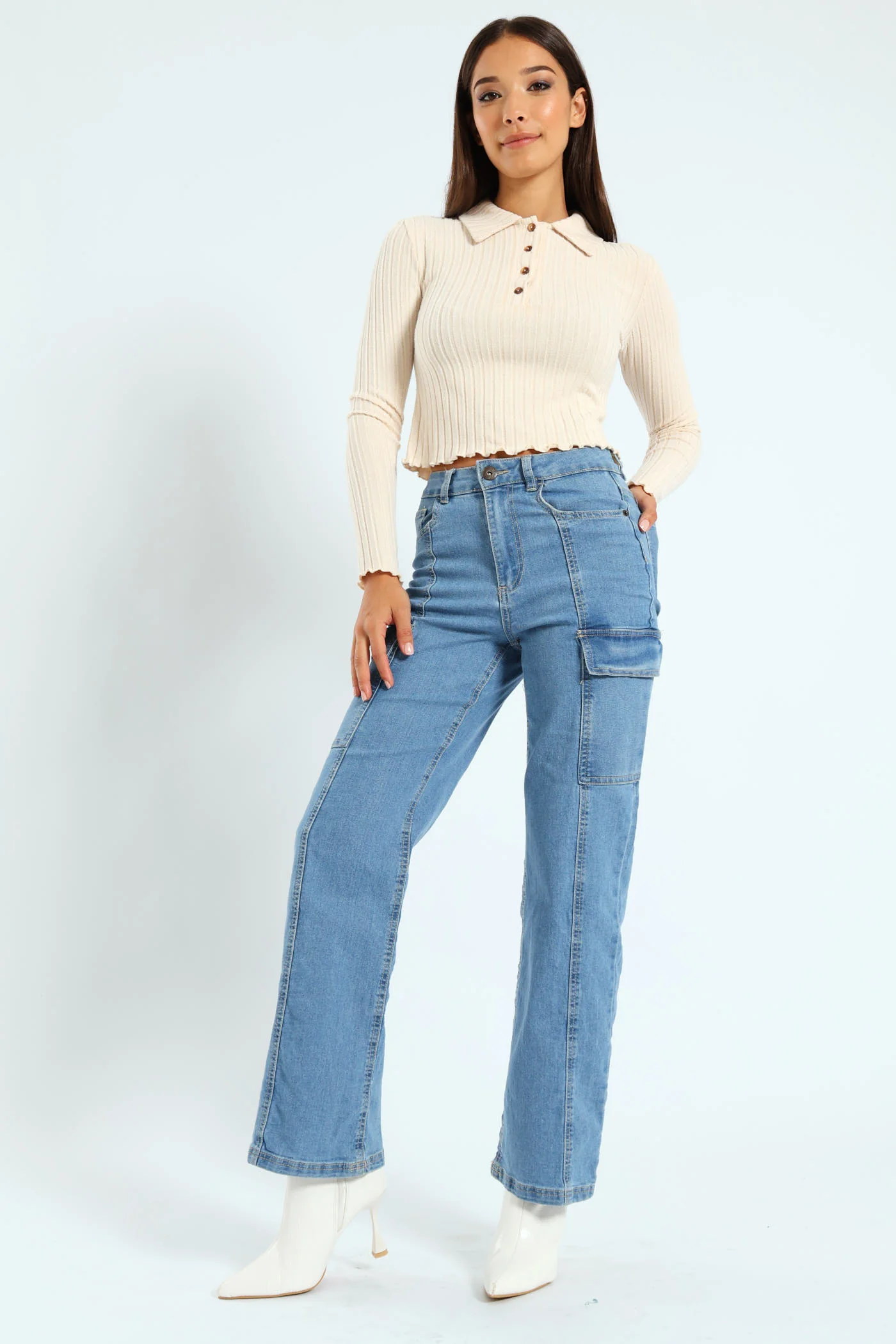 Long Sleeve Brushed Ribb Golfer - Beige - Image 3