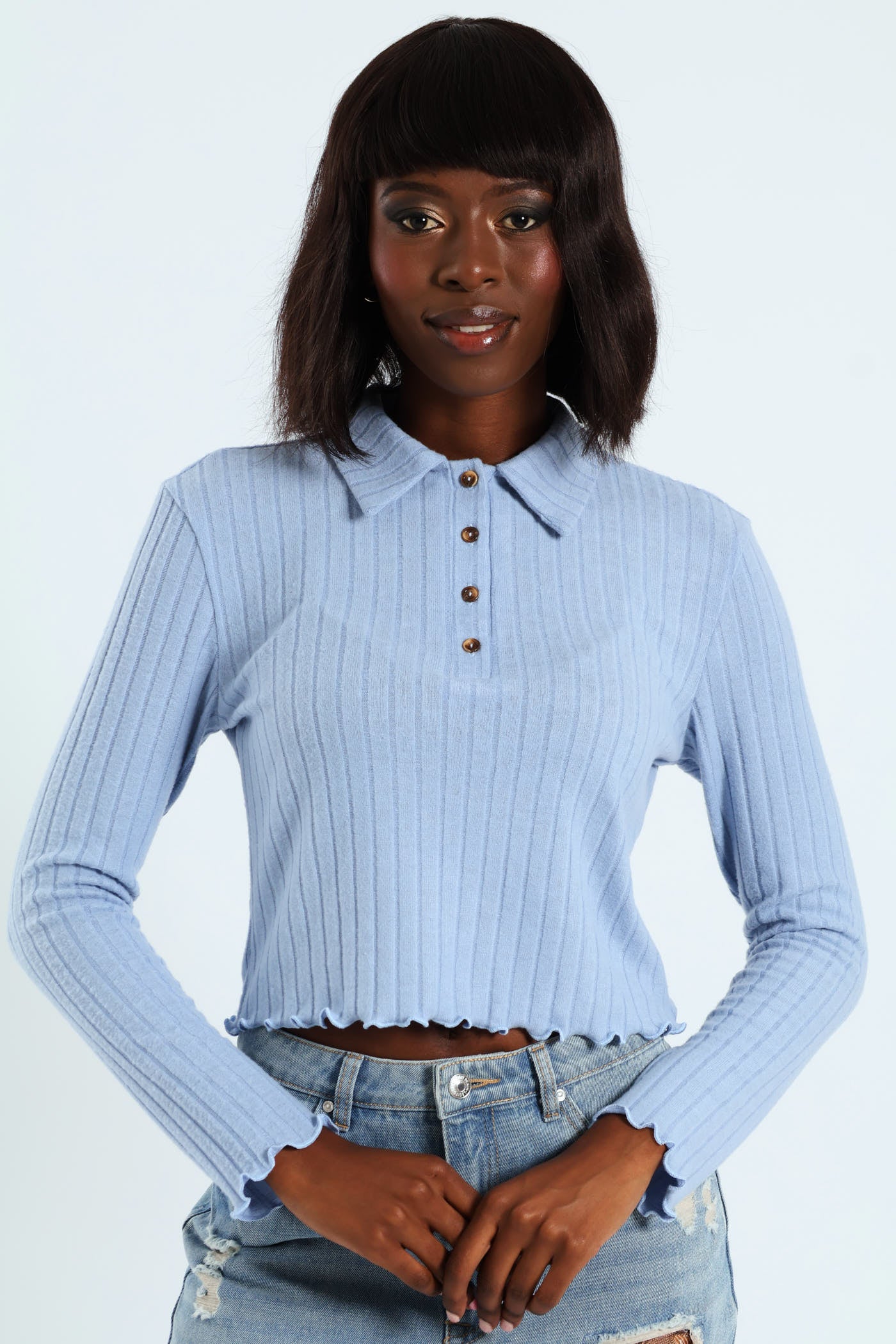 Long Sleeve Brushed Ribb Golfer - Blue