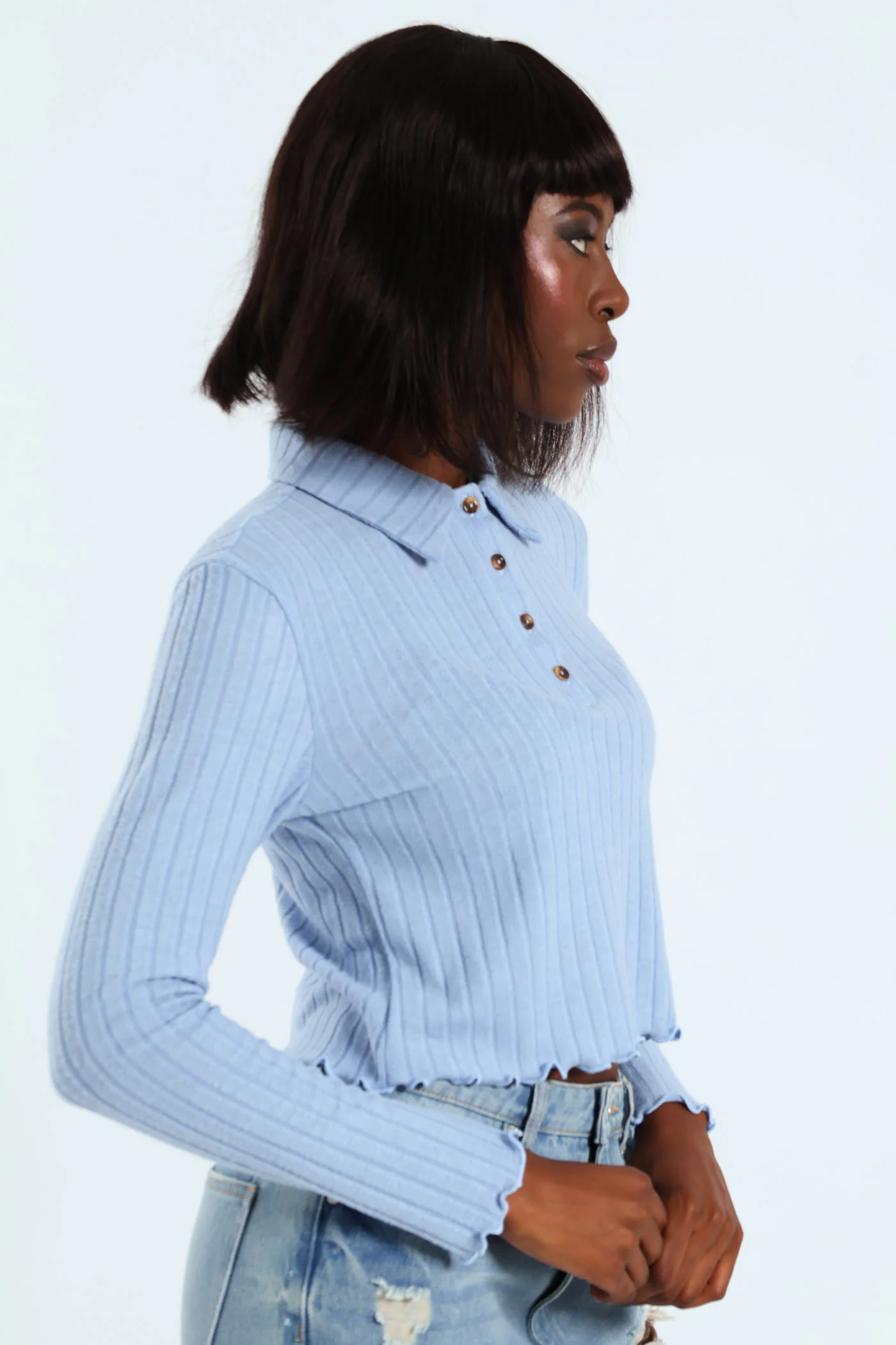 Long Sleeve Brushed Ribb Golfer - Blue - Image 3