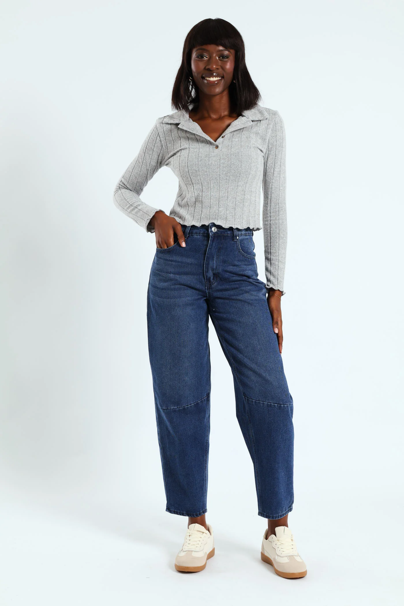 Long Sleeve Brushed Ribb Golfer - Grey - Image 2
