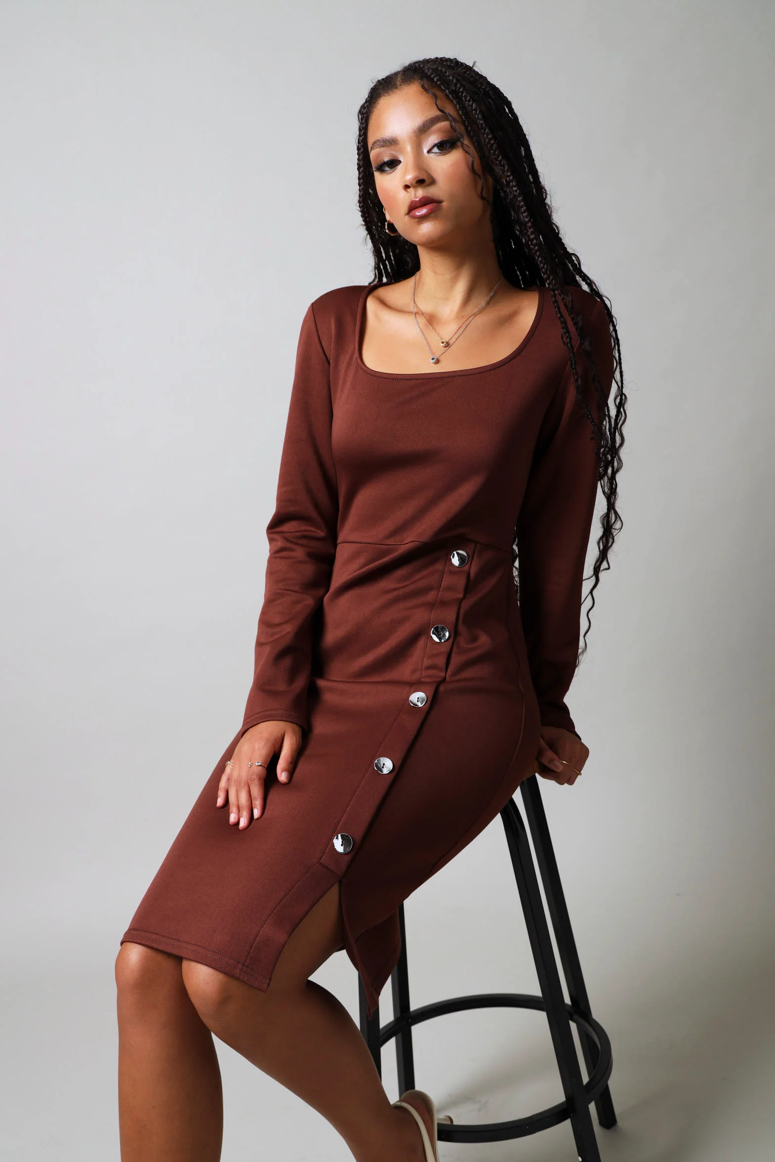 Long Sleeve Button Detail Dress - Dark Brown - Image 2