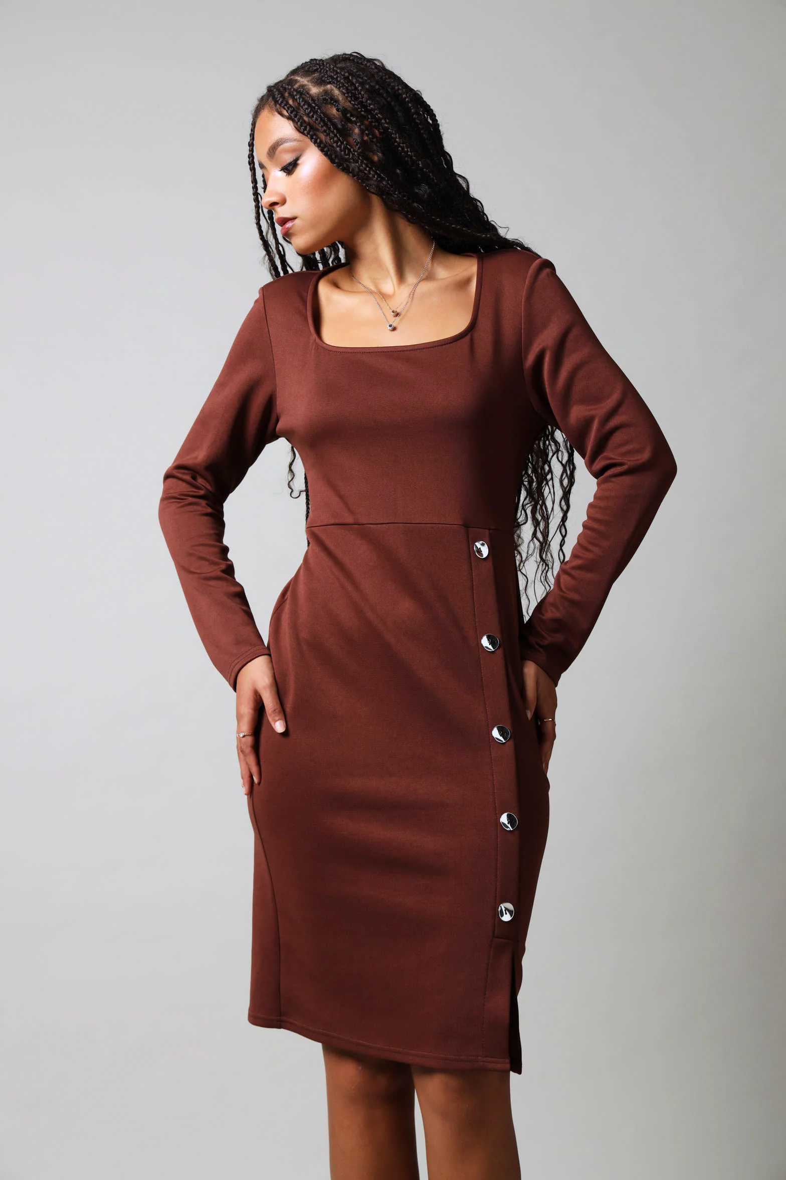 Long Sleeve Button Detail Dress - Dark Brown - Image 3