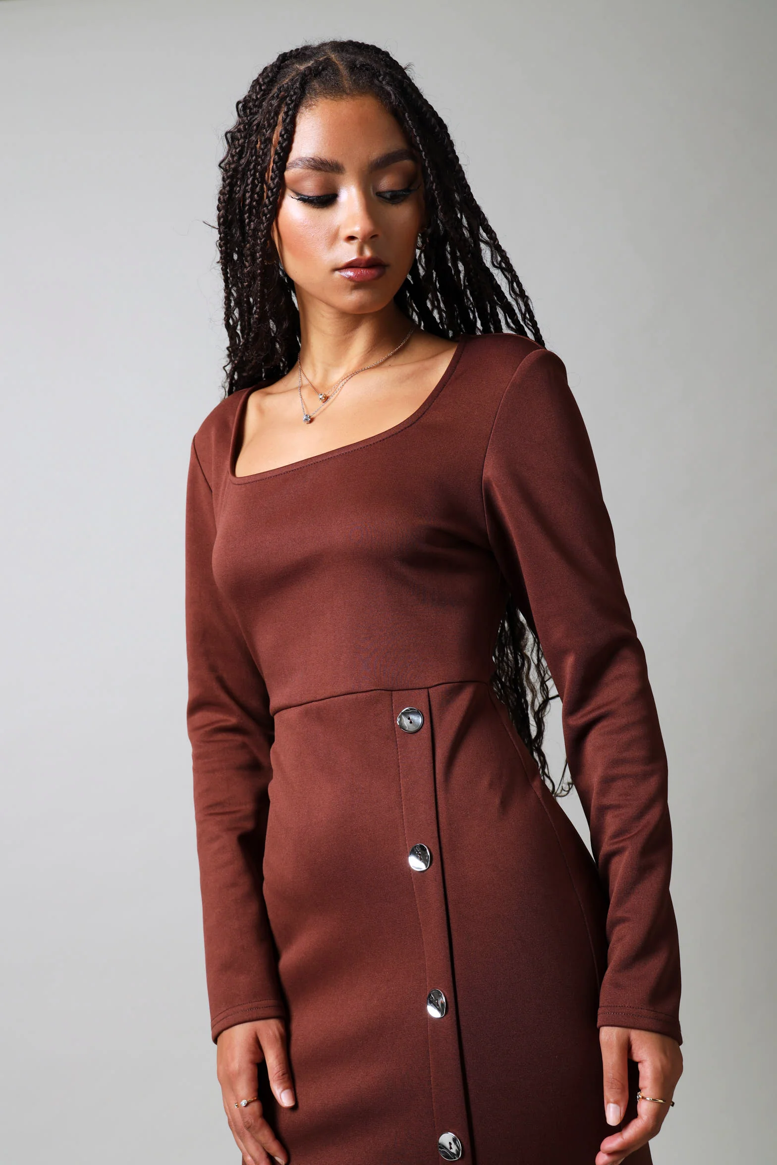 Long Sleeve Button Detail Dress - Dark Brown - Image 4