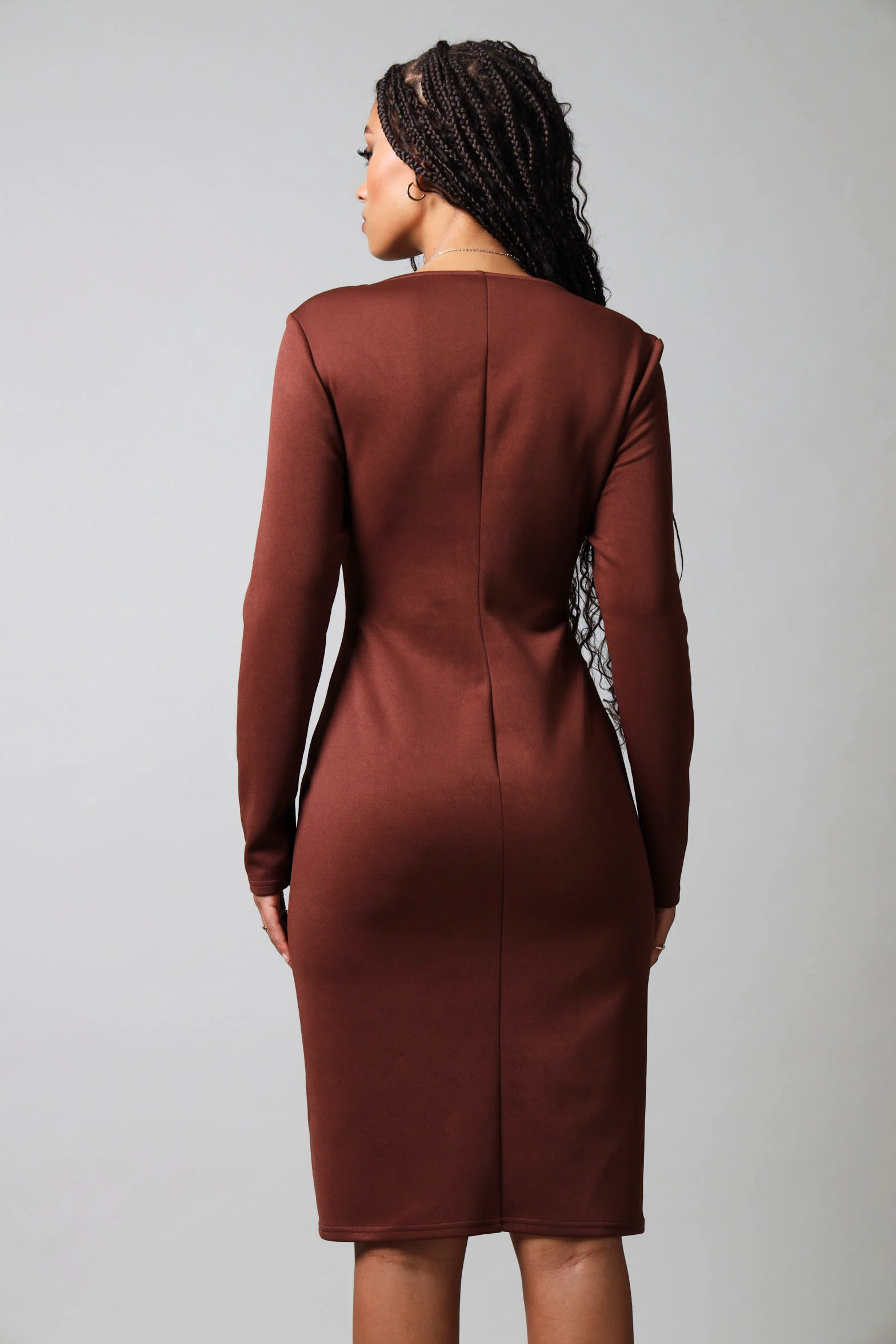 Long Sleeve Button Detail Dress - Dark Brown - Image 5