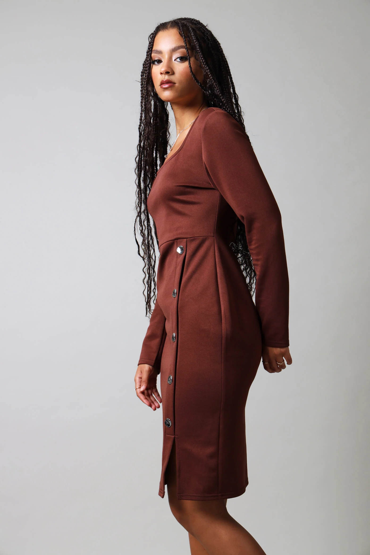 Long Sleeve Button Detail Dress - Dark Brown - Image 7