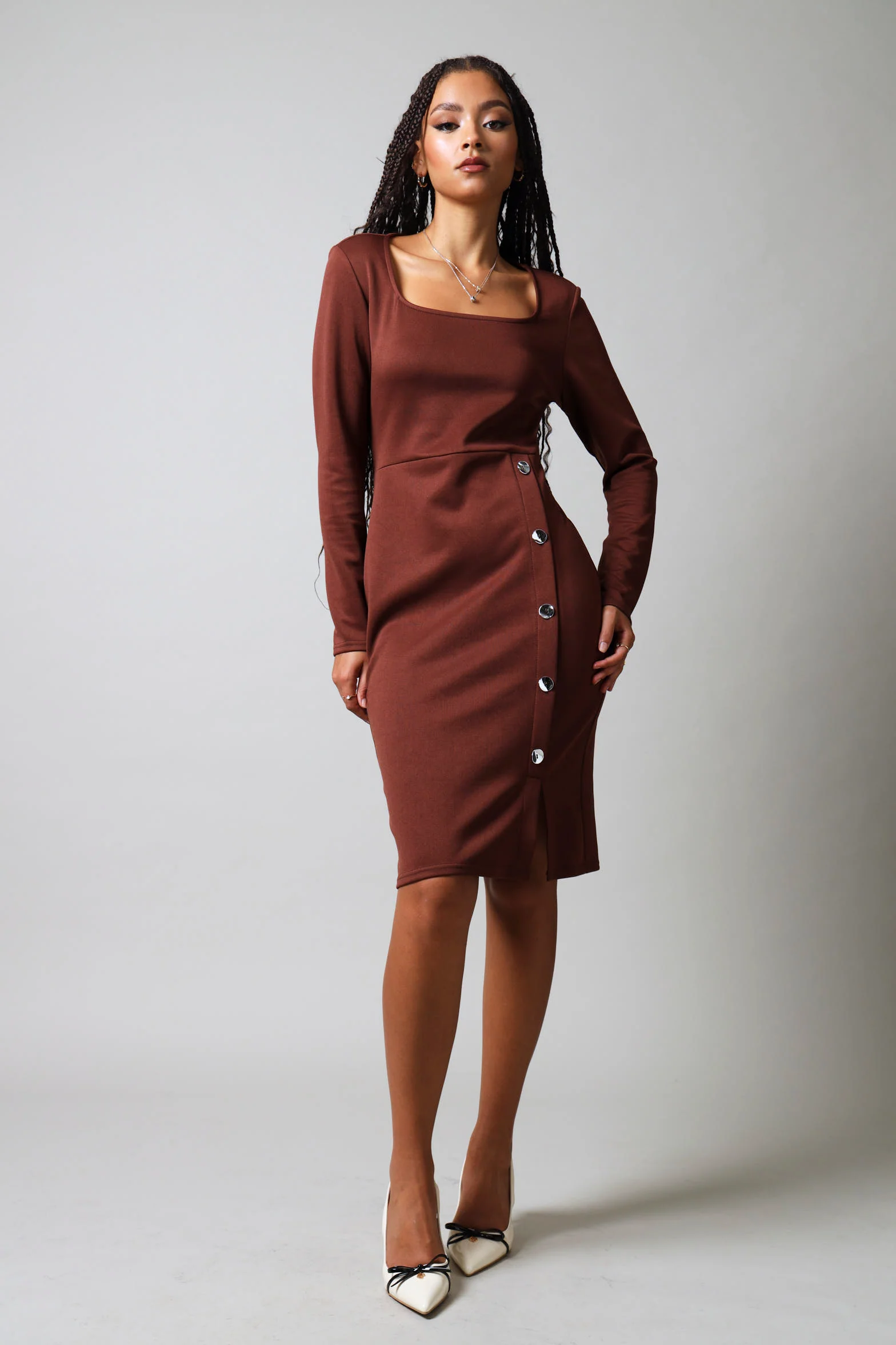 Long Sleeve Button Detail Dress - Dark Brown - Image 8