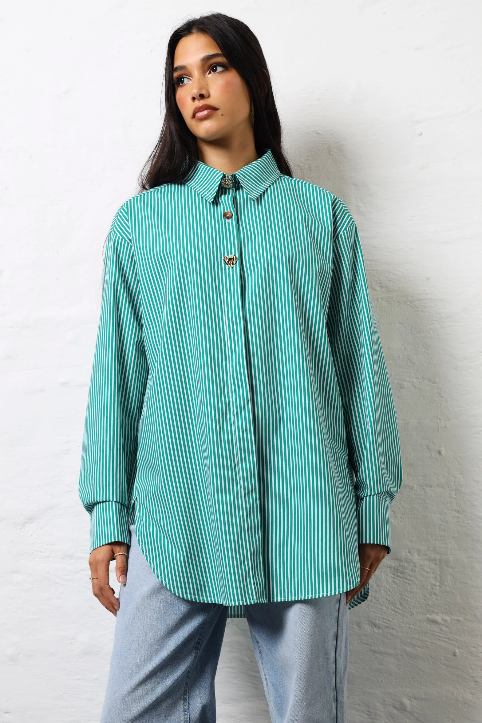 Long Sleeve Button Through Poplin Shirt - Emerald - Image 3