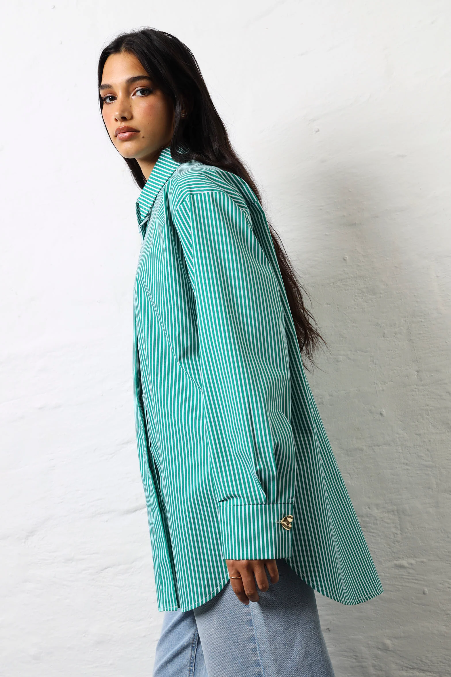 Long Sleeve Button Through Poplin Shirt - Emerald - Image 4