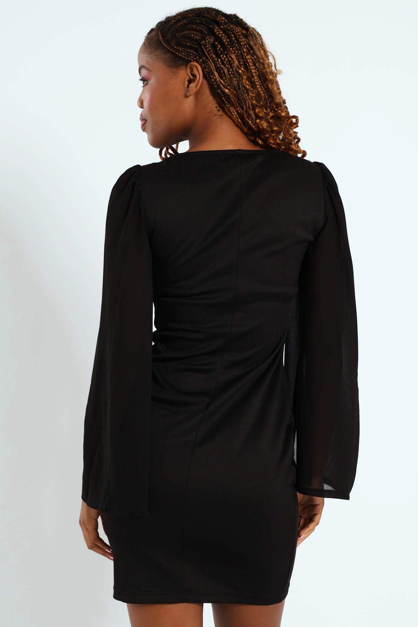 Long Sleeve Chiffon Flare Combo Bodycon Dress - Black - Image 5