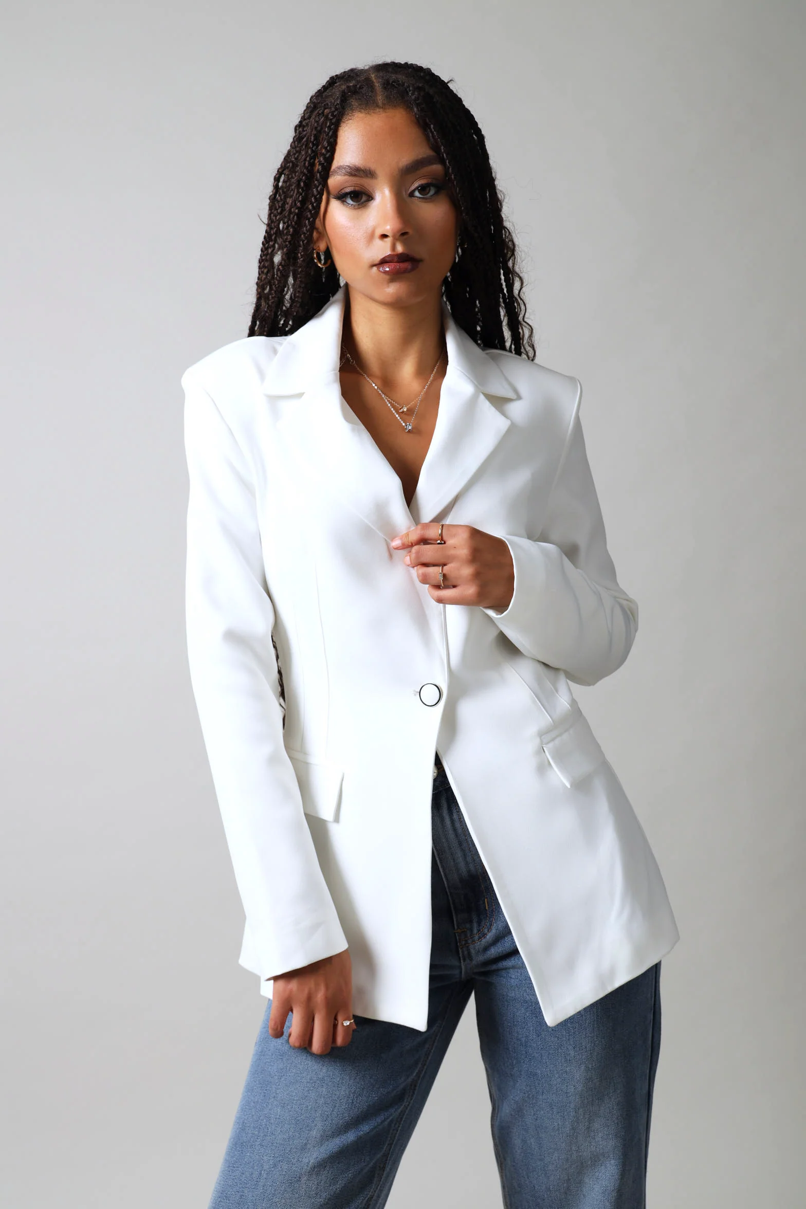 Long Sleeve Cinched Waist Blazer - White