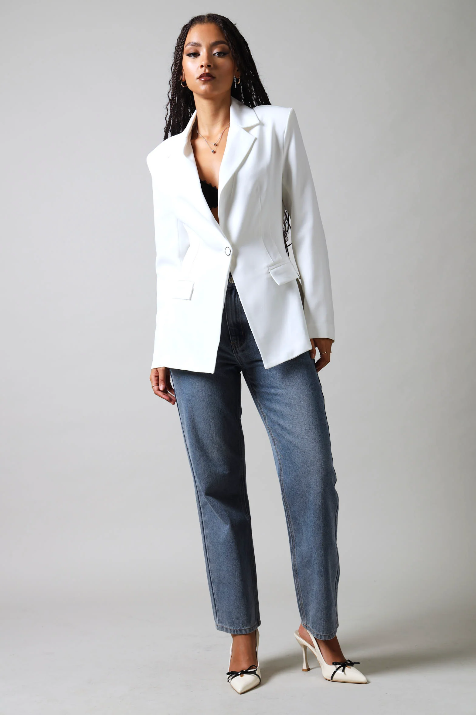 Long Sleeve Cinched Waist Blazer - White - Image 6