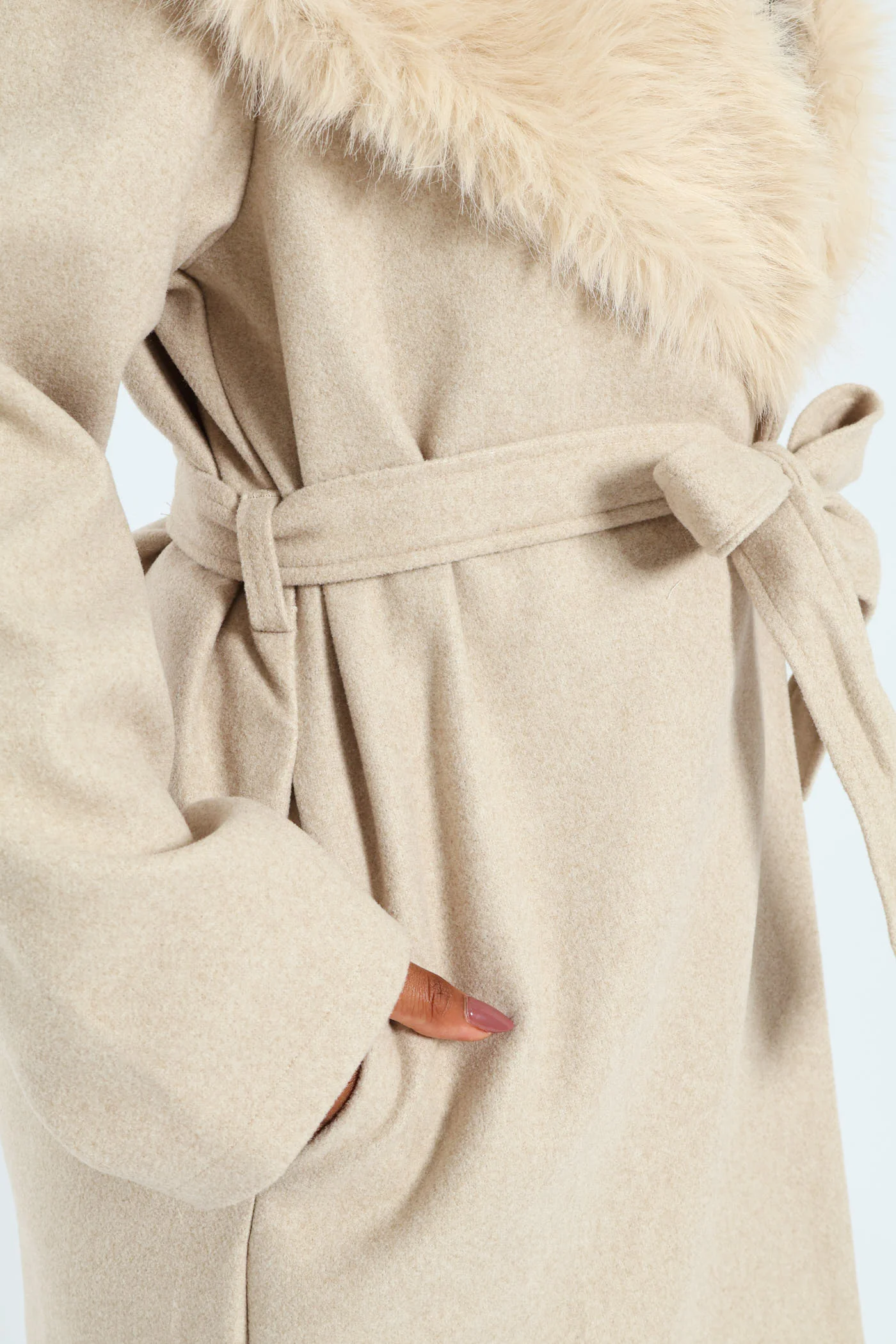 Long Sleeve Collar Belted Melton Jacket - Oatmeal - Image 2