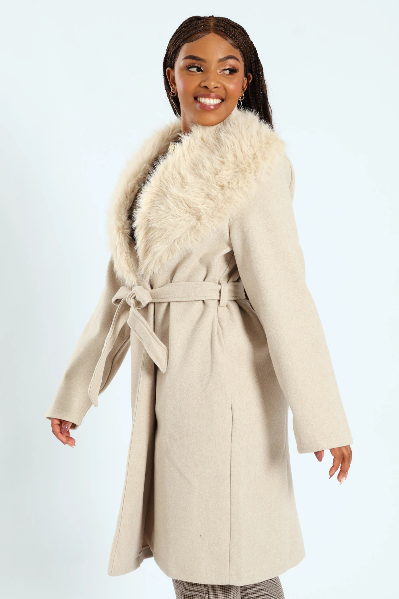 Long Sleeve Collar Belted Melton Jacket - Oatmeal - Image 4