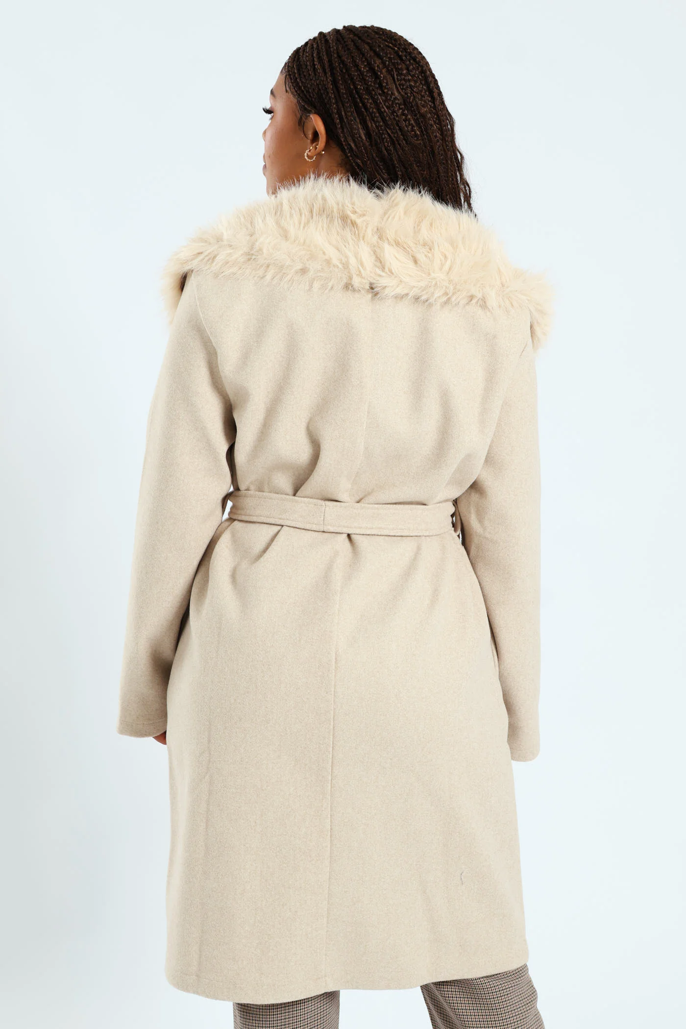 Long Sleeve Collar Belted Melton Jacket - Oatmeal - Image 5