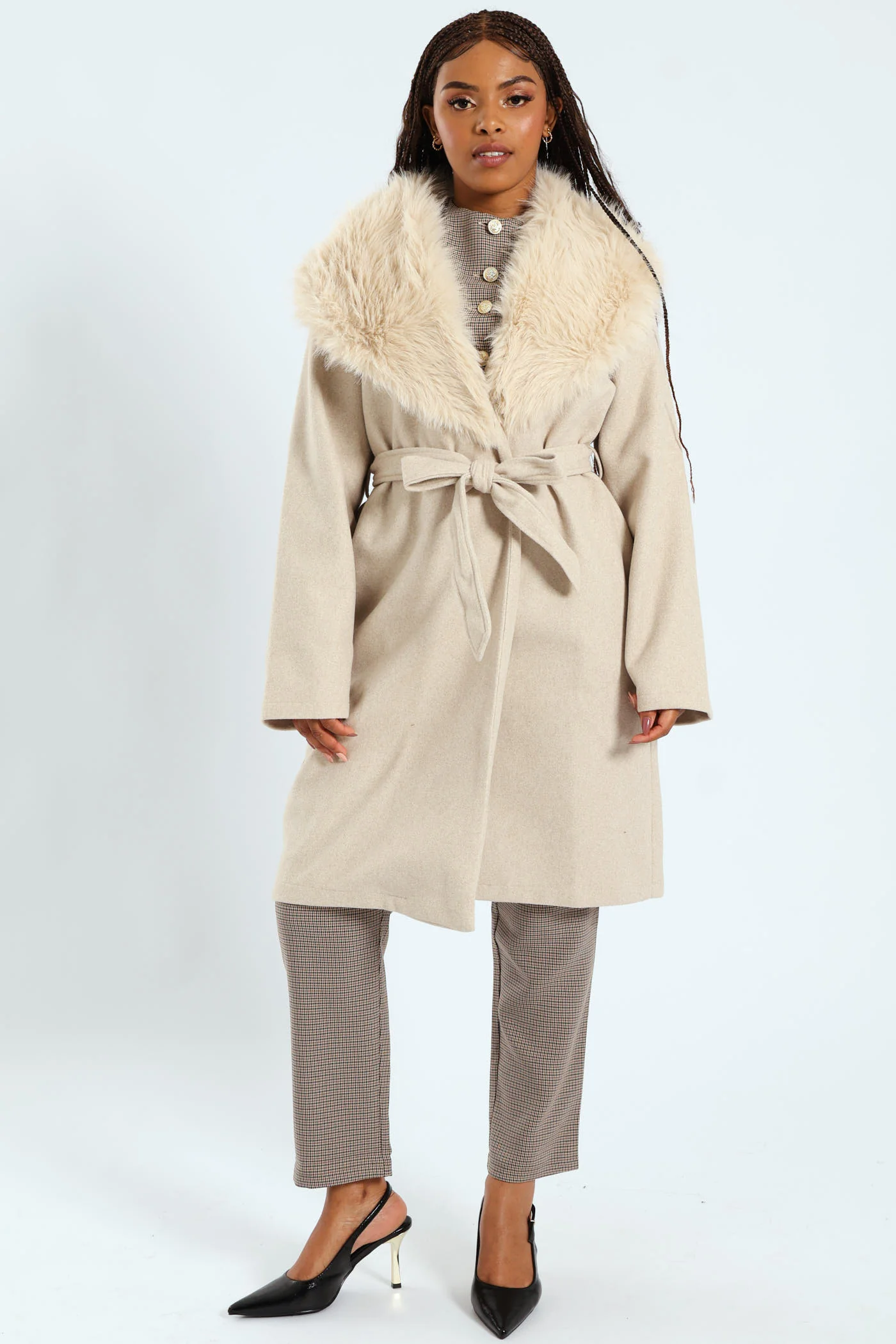 Long Sleeve Collar Belted Melton Jacket - Oatmeal - Image 6