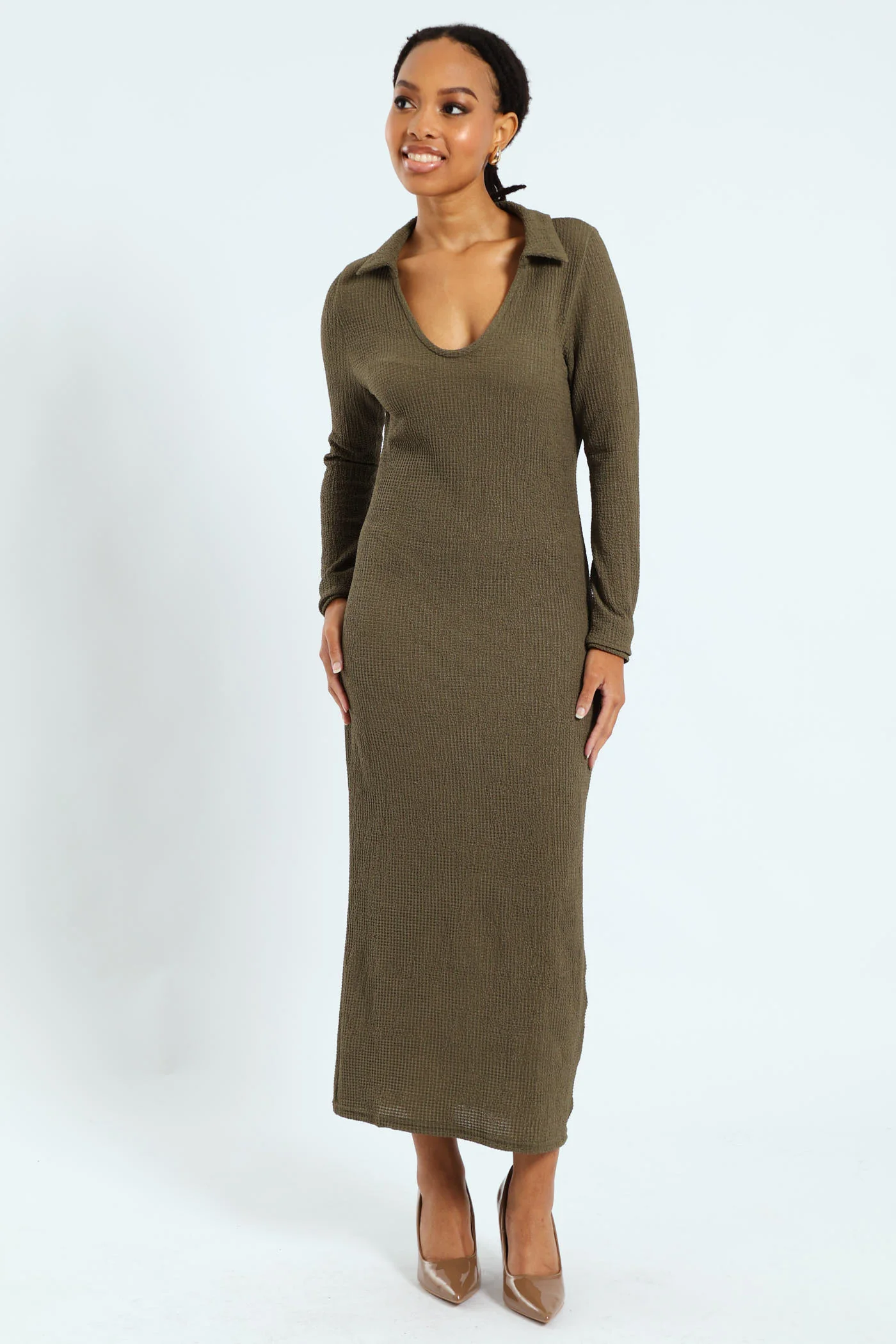 Long Sleeve Collared Bodycon Dress - Fatigue