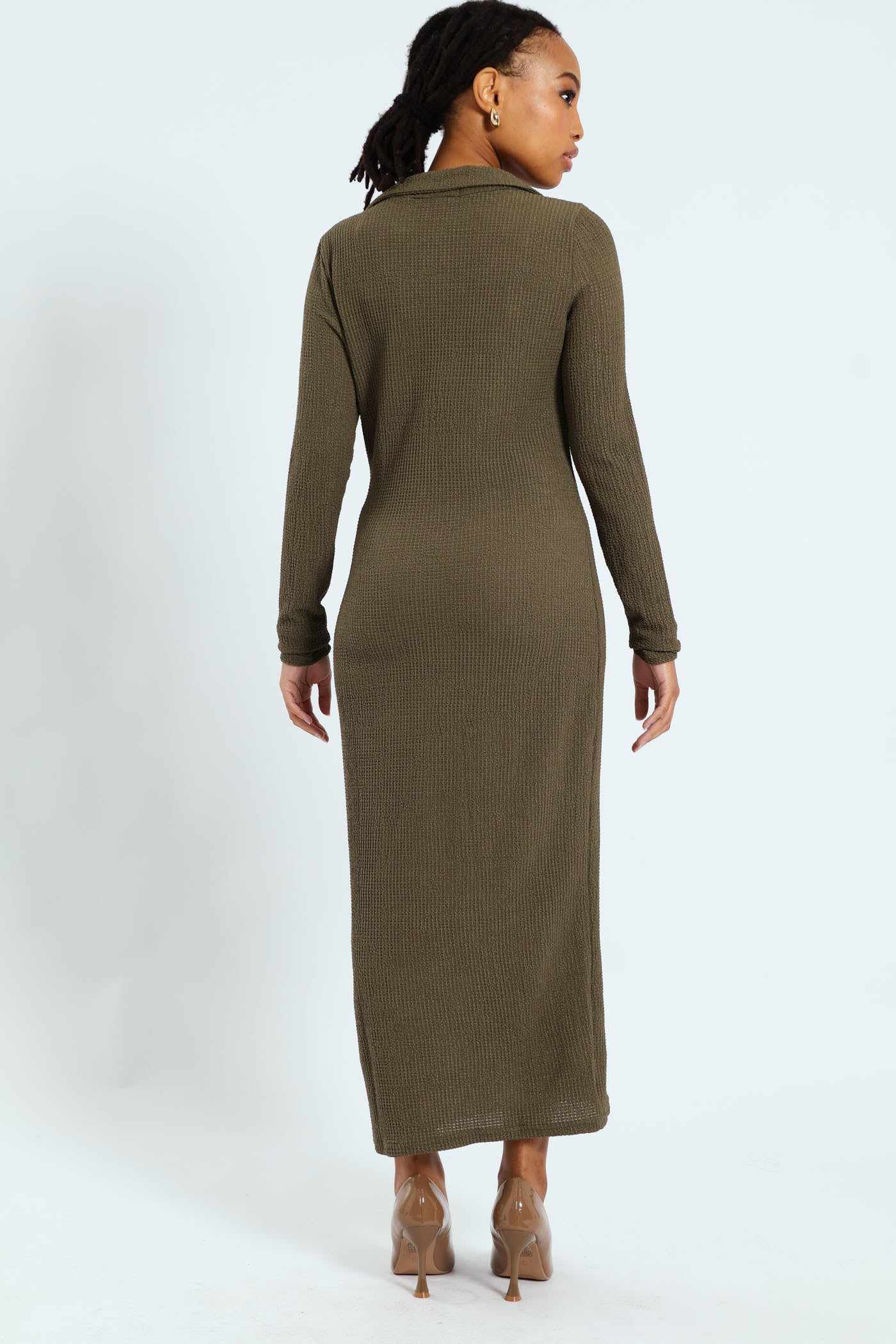 Long Sleeve Collared Bodycon Dress - Fatigue - Image 3