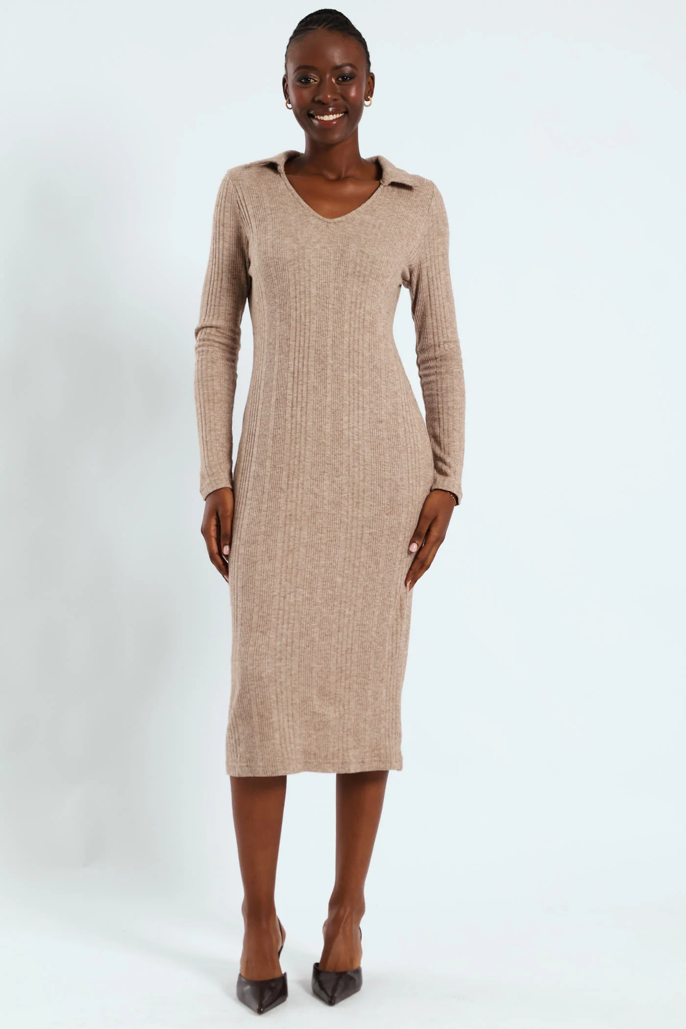 Long Sleeve Collared Bodycon Dress - Stone
