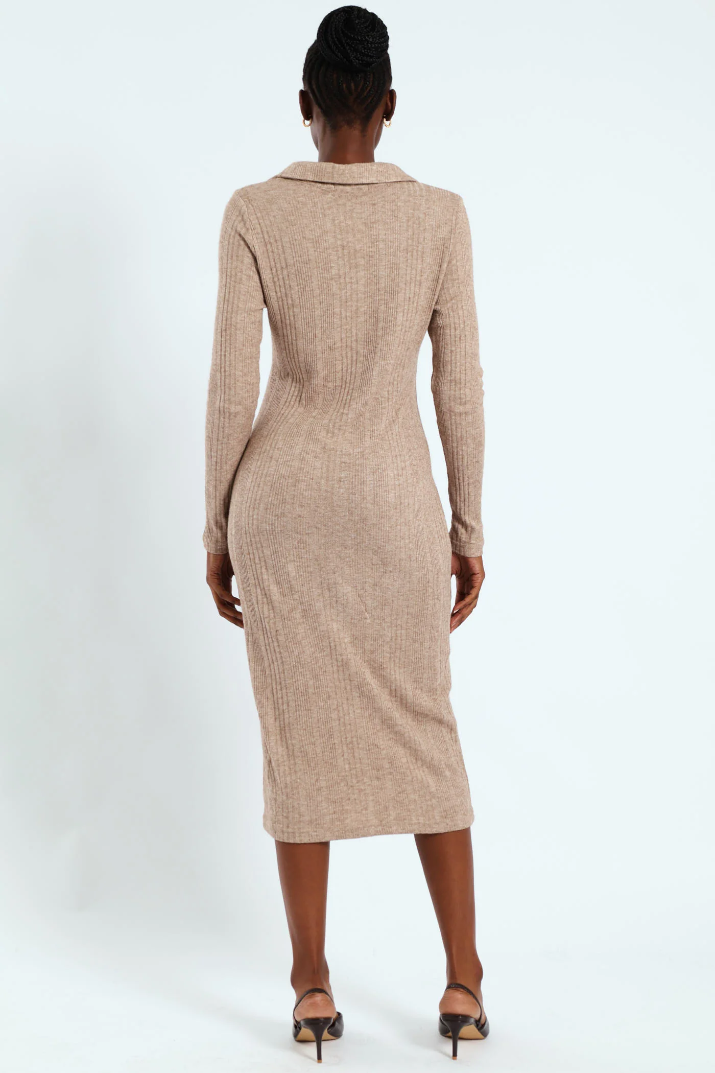 Long Sleeve Collared Bodycon Dress - Stone - Image 3