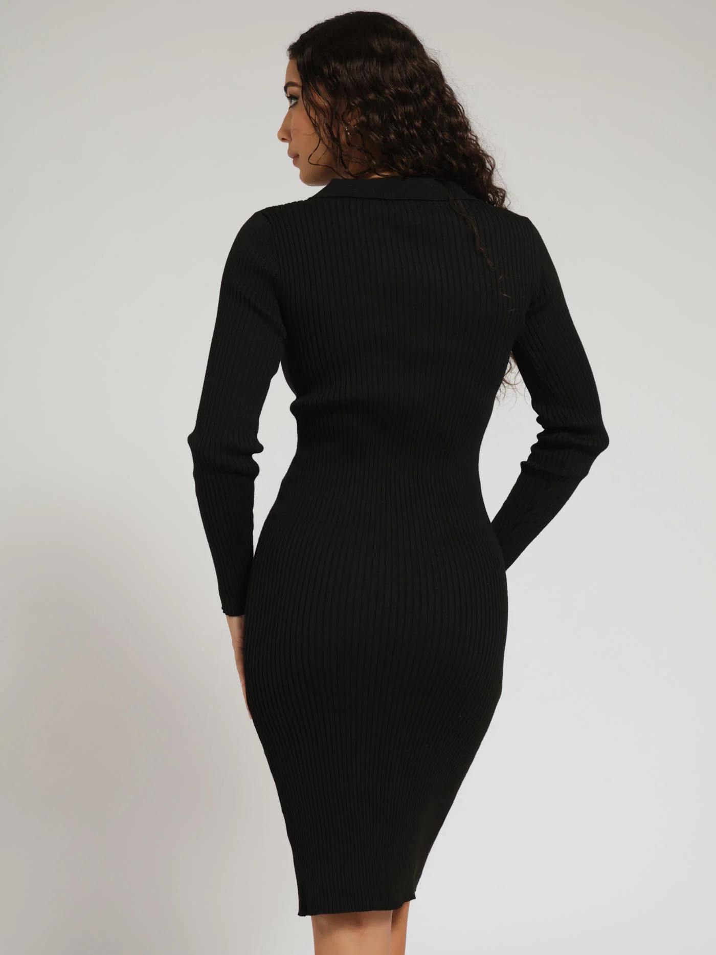 Long Sleeve Collared Button Through Rib Midi Dress - Black - Image 3