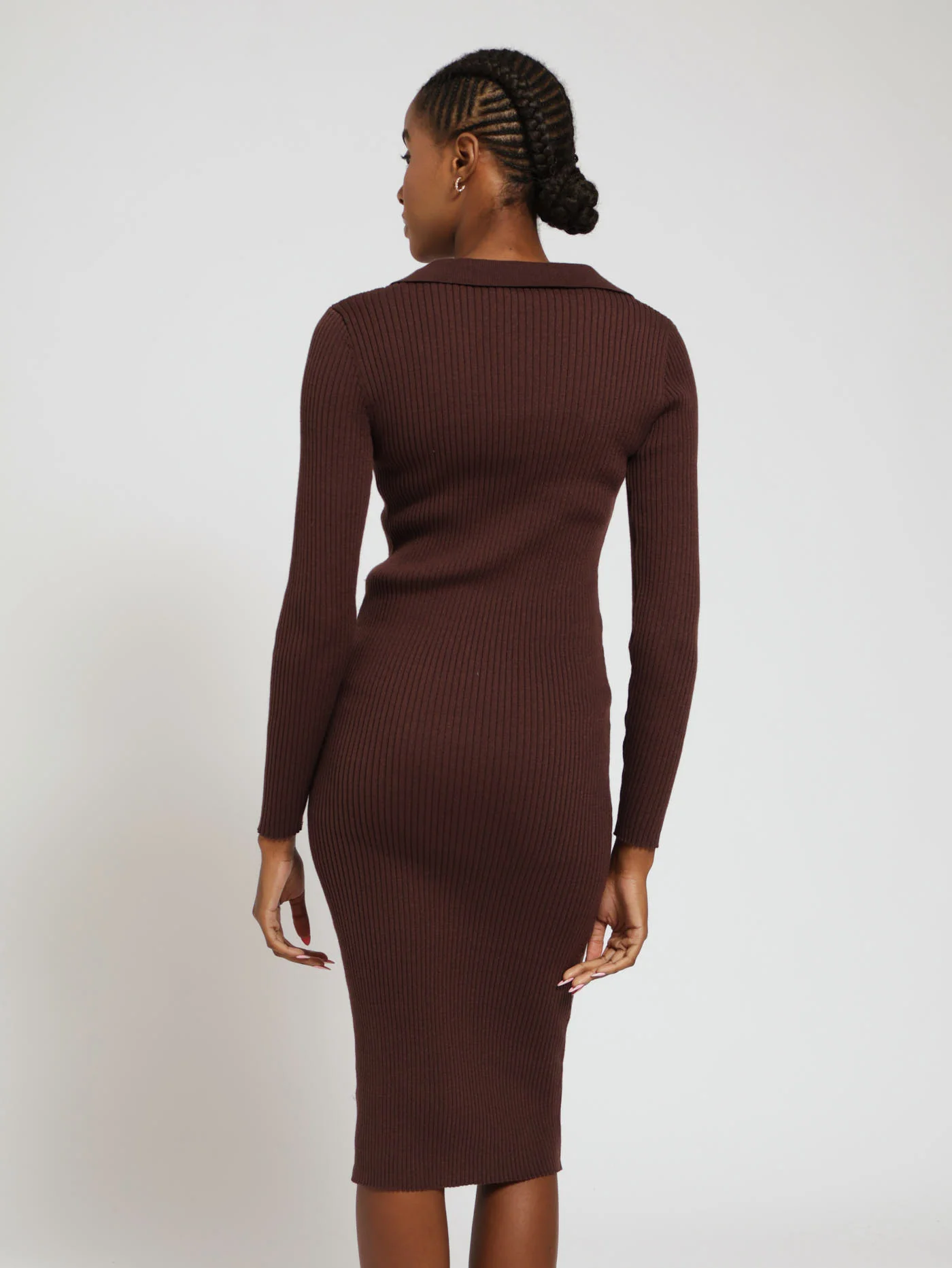 Long Sleeve Collared Button Through Rib Midi Dress - Mocha - Image 3