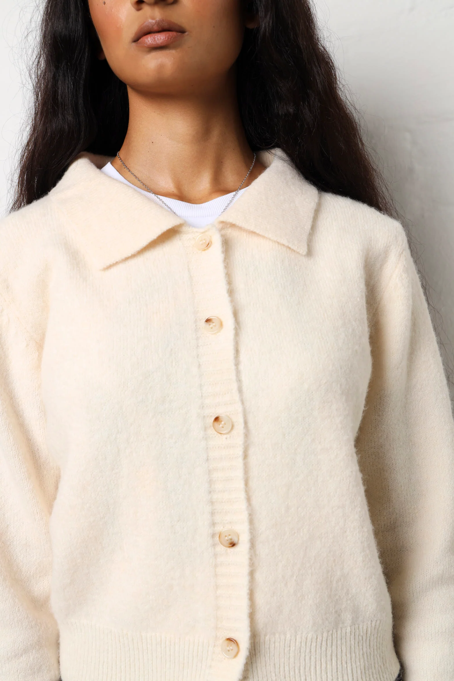 Long Sleeve Collared Cardi - Cream - Image 3