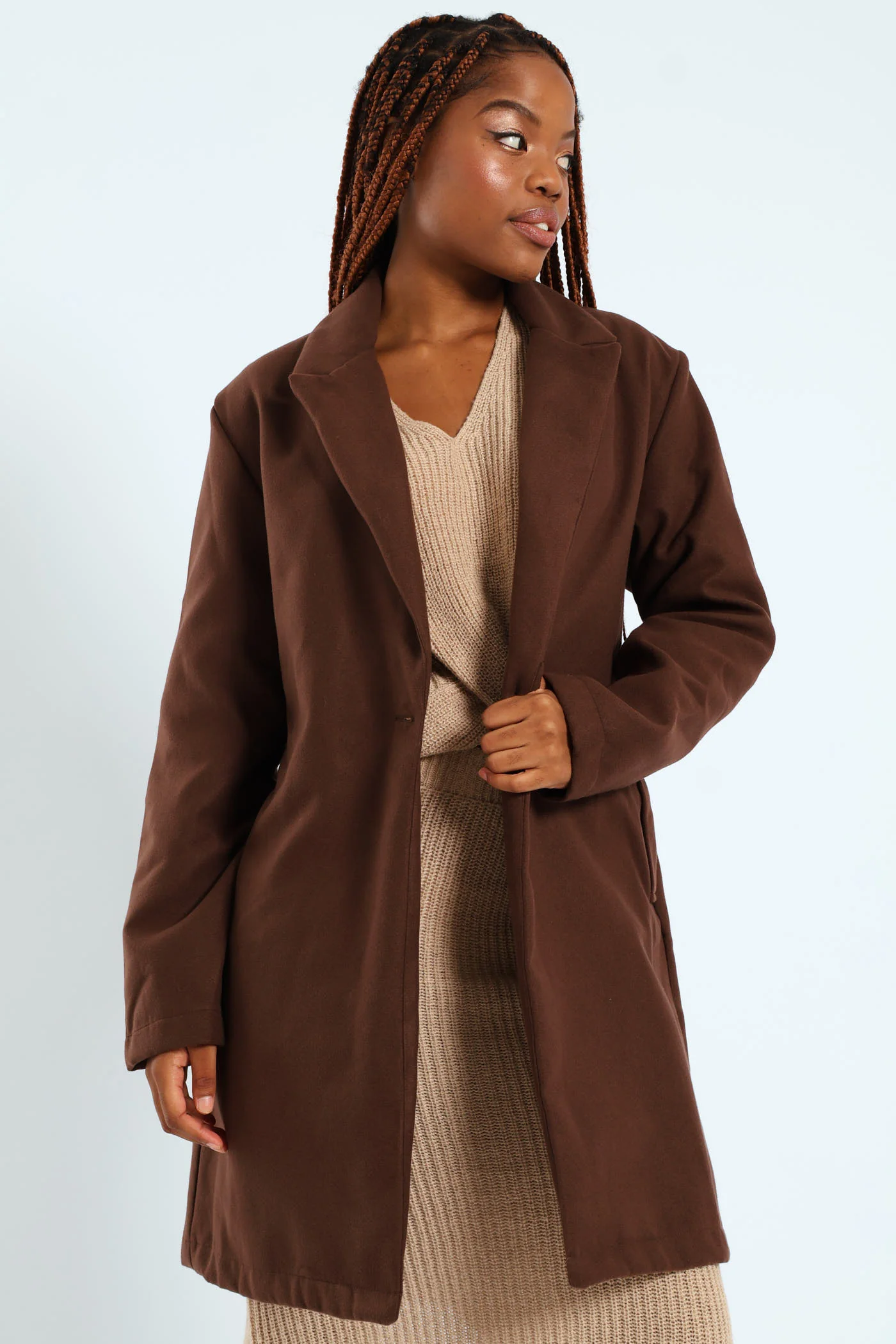 Long Sleeve Collared Melton Basic Coat - Brown