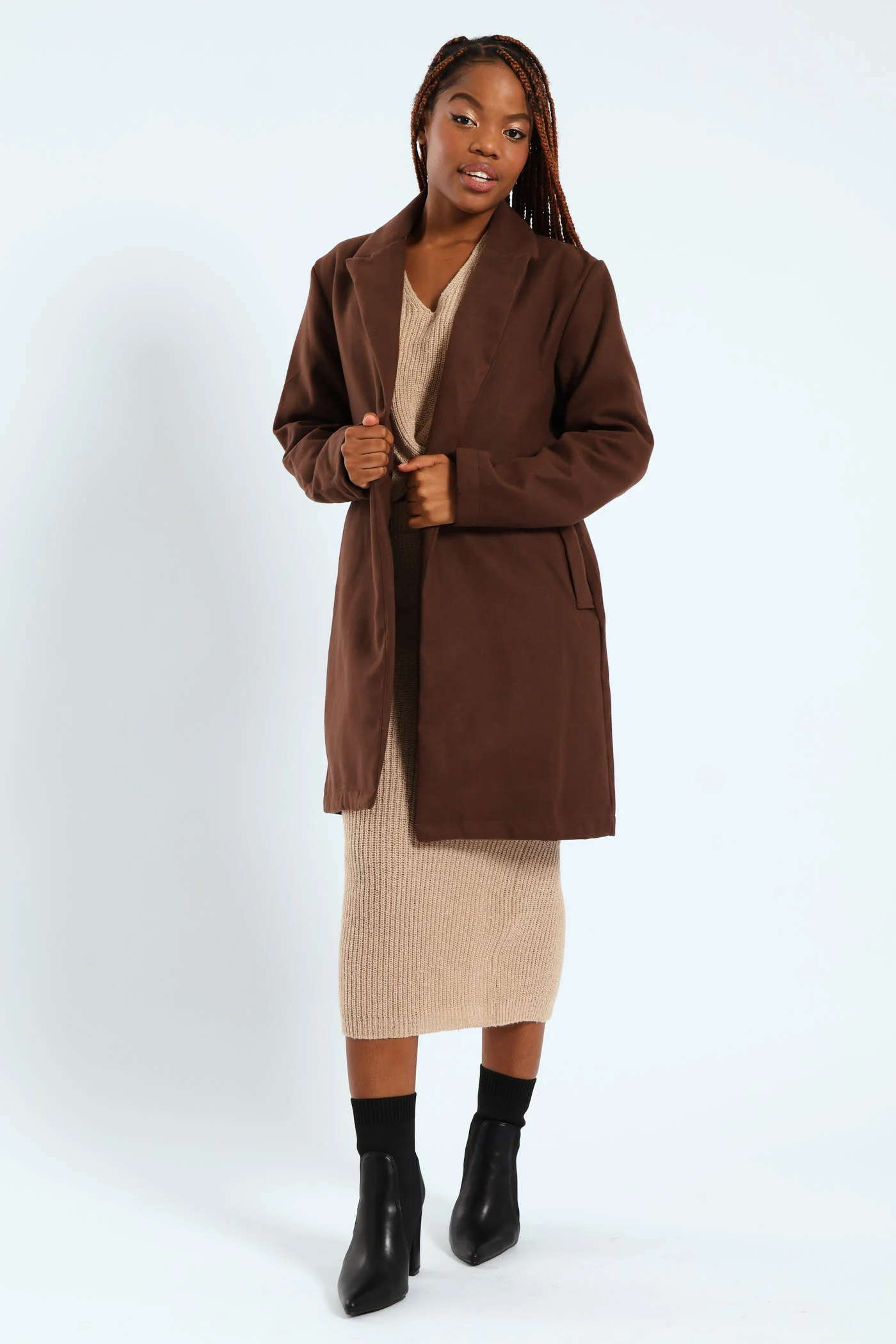 Long Sleeve Collared Melton Basic Coat - Brown - Image 5