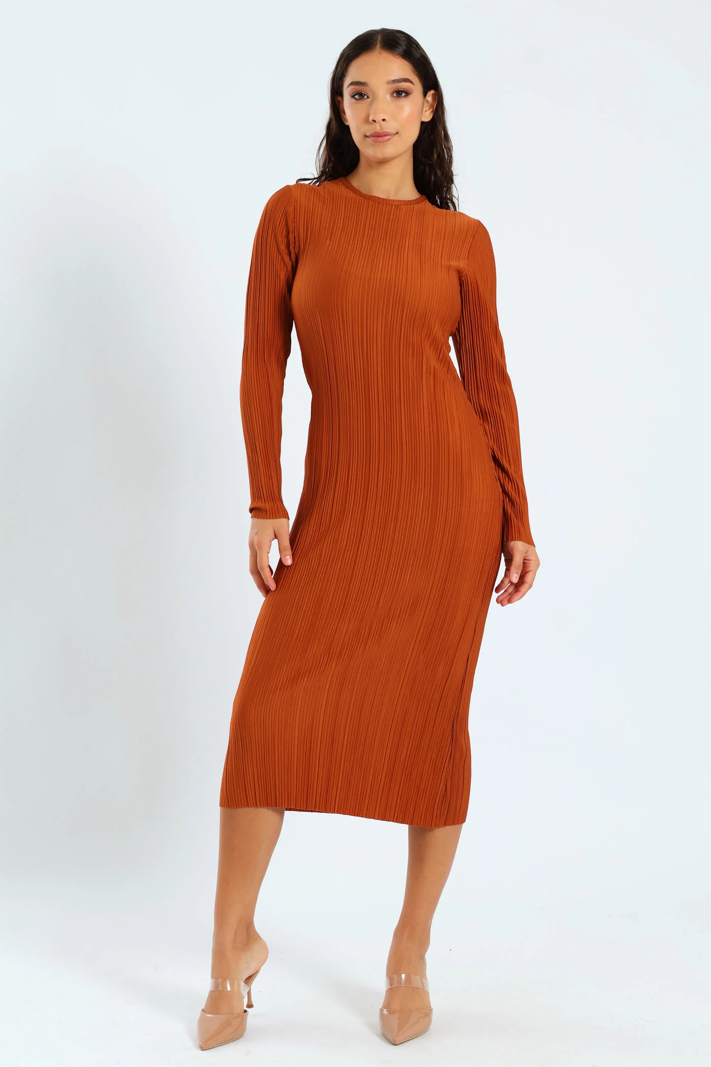Long Sleeve Column Dress - Rust