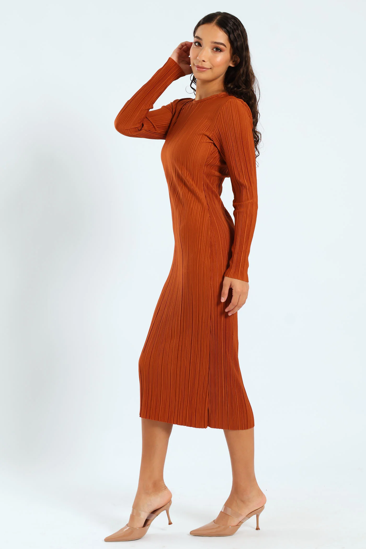 Long Sleeve Column Dress - Rust - Image 2