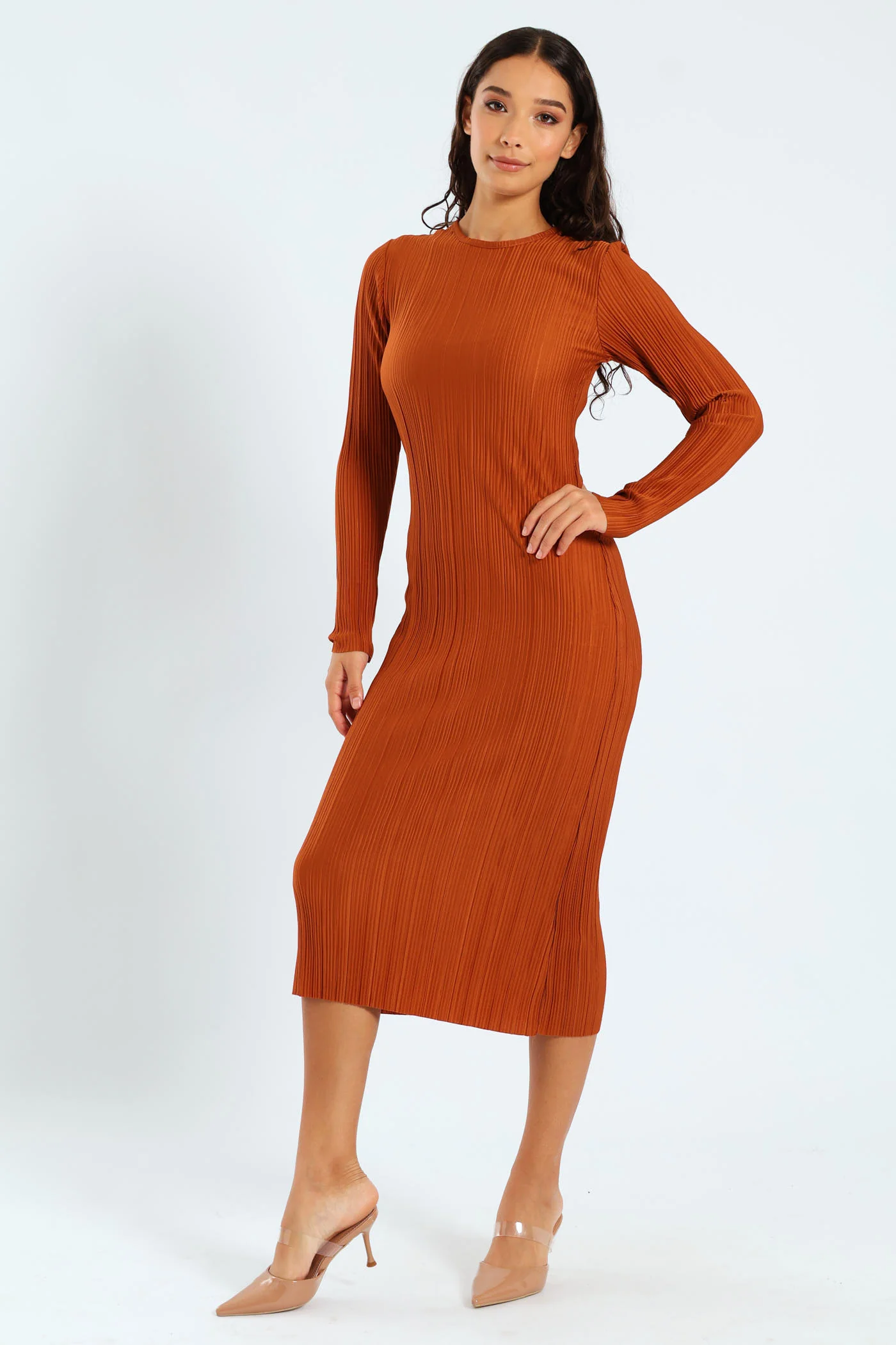 Long Sleeve Column Dress - Rust - Image 3