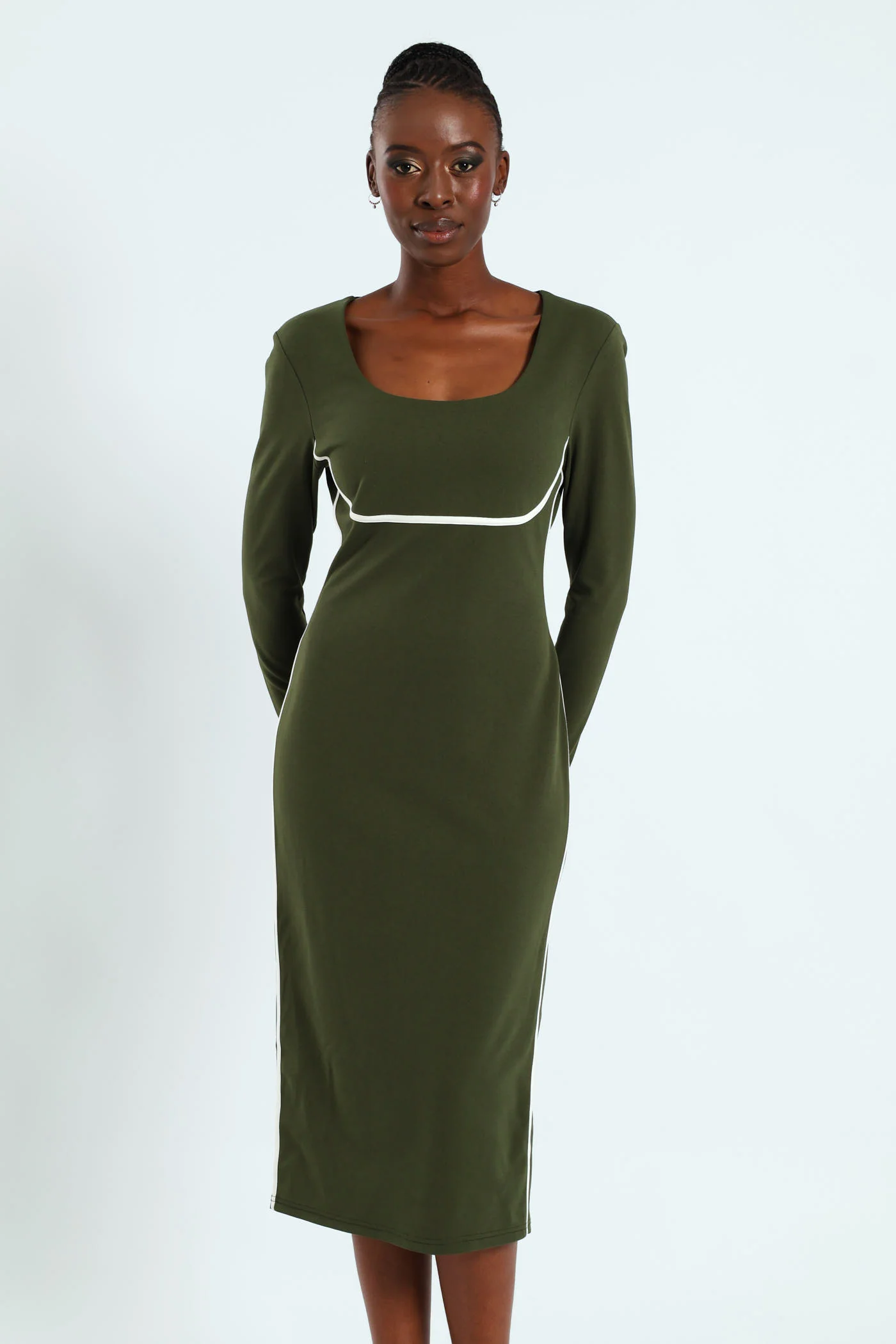 Long Sleeve Contrast Binding Midi Dress - Dark Fatigue