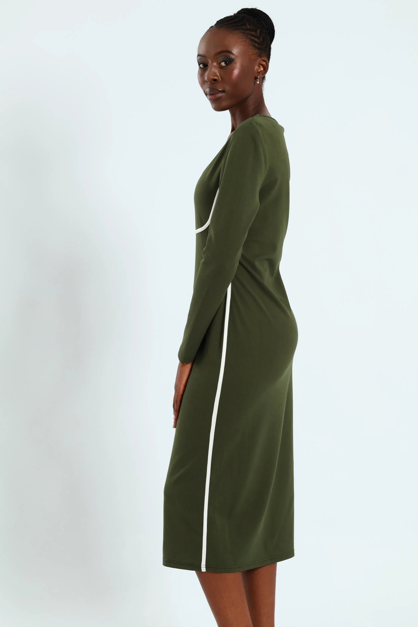 Long Sleeve Contrast Binding Midi Dress - Dark Fatigue - Image 3