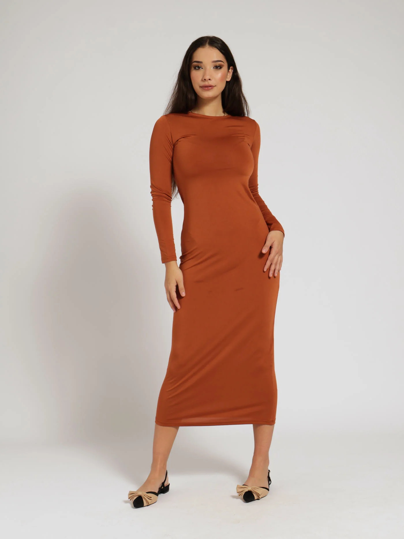 Long Sleeve Crew Neck Slinky Midi Dress - Ginger