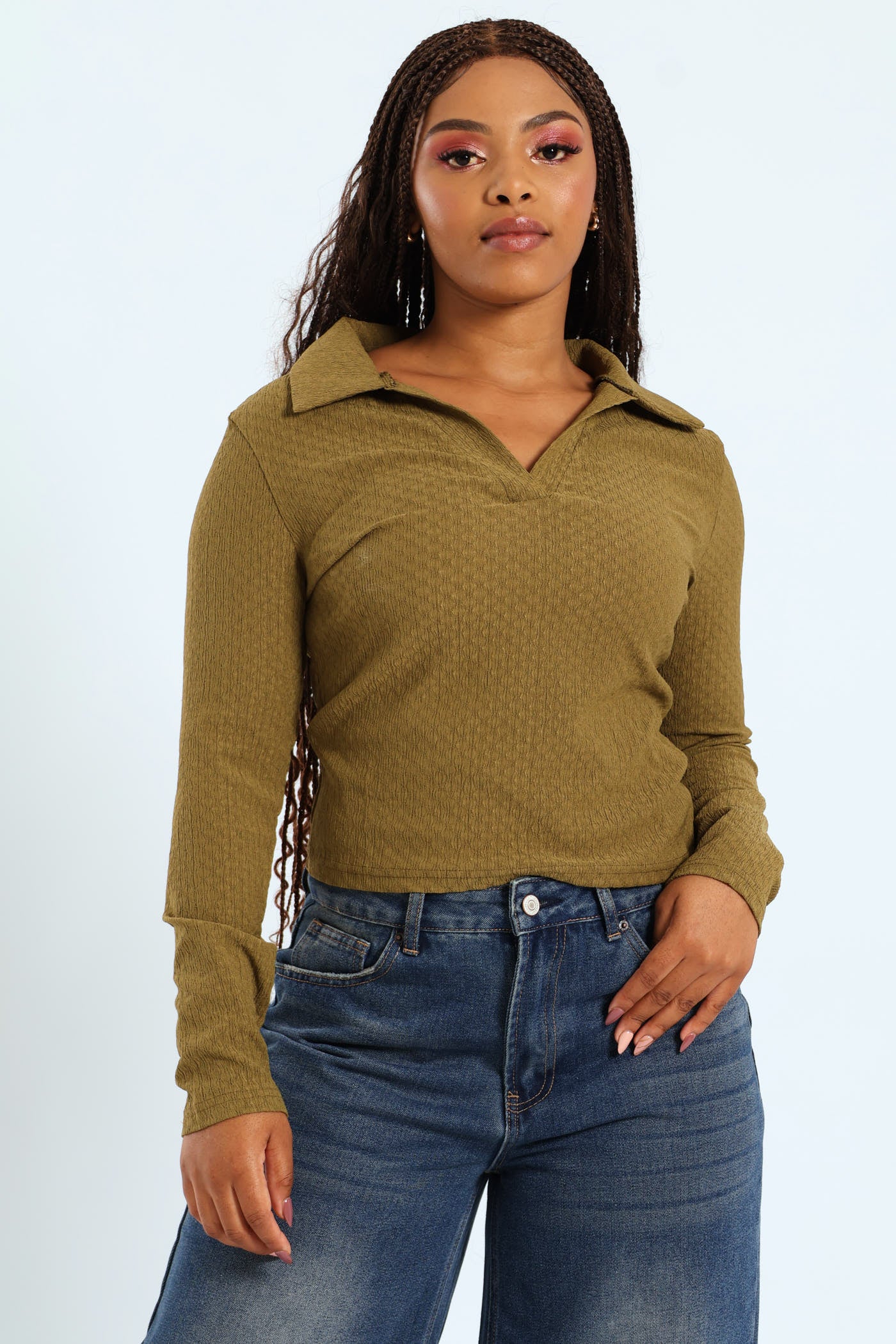 Long Sleeve Crinkle Knit Johnny Collar Top - Fatigue