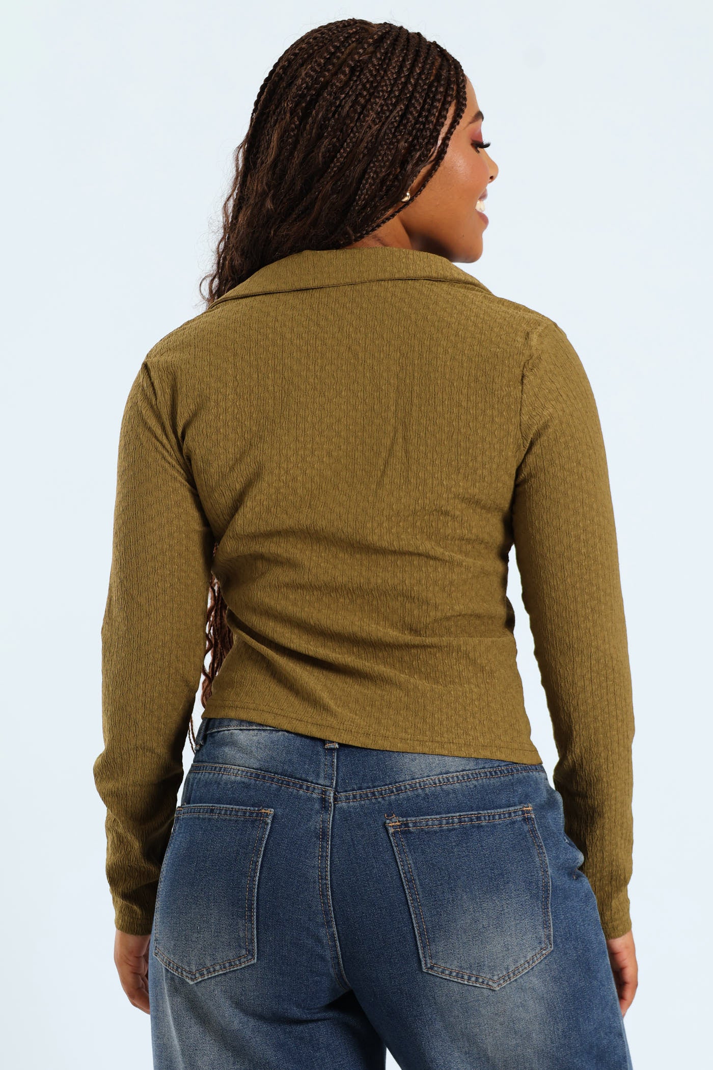 Long Sleeve Crinkle Knit Johnny Collar Top - Fatigue - Image 3
