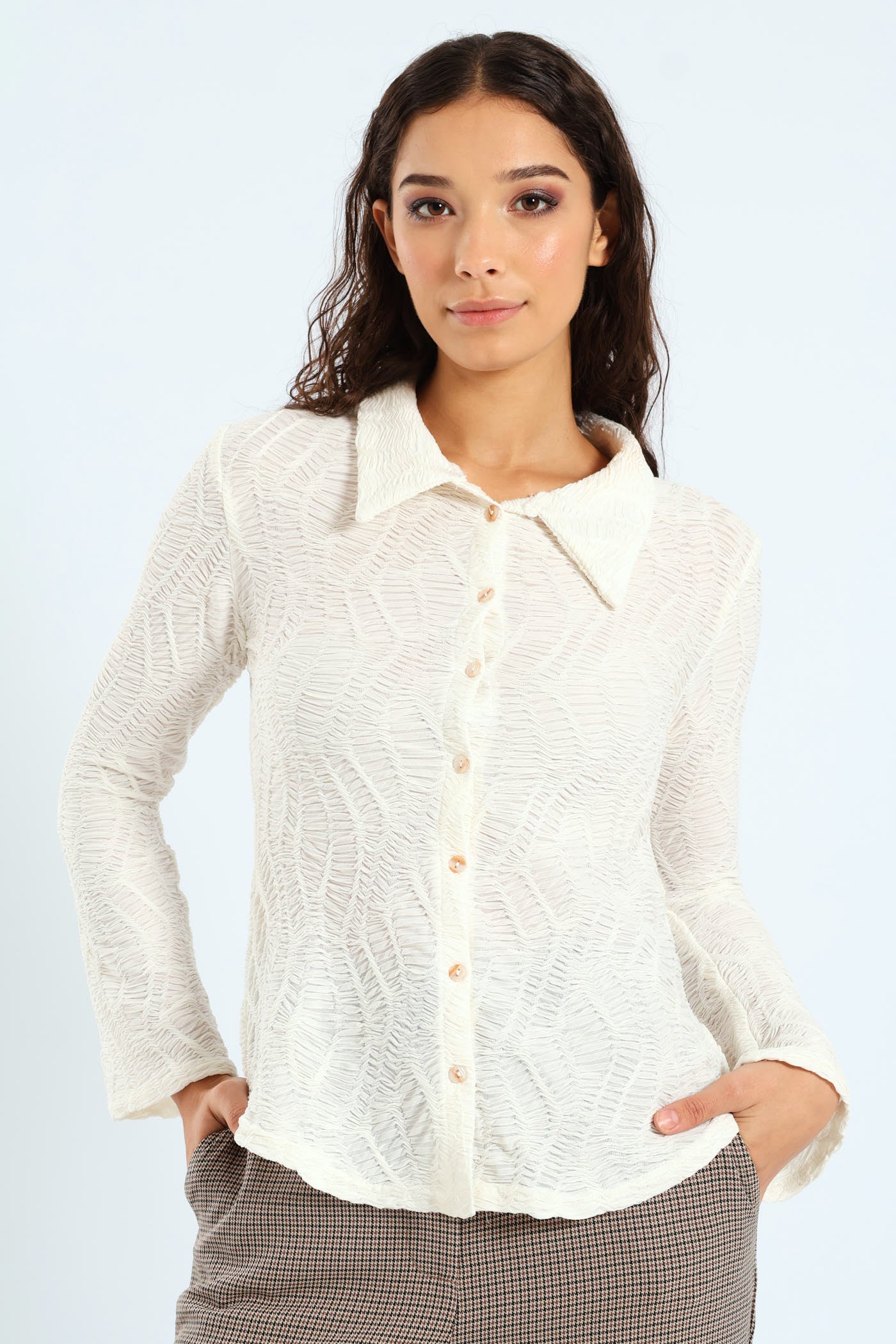 Long Sleeve Crinkle Knit Shirt - Cream